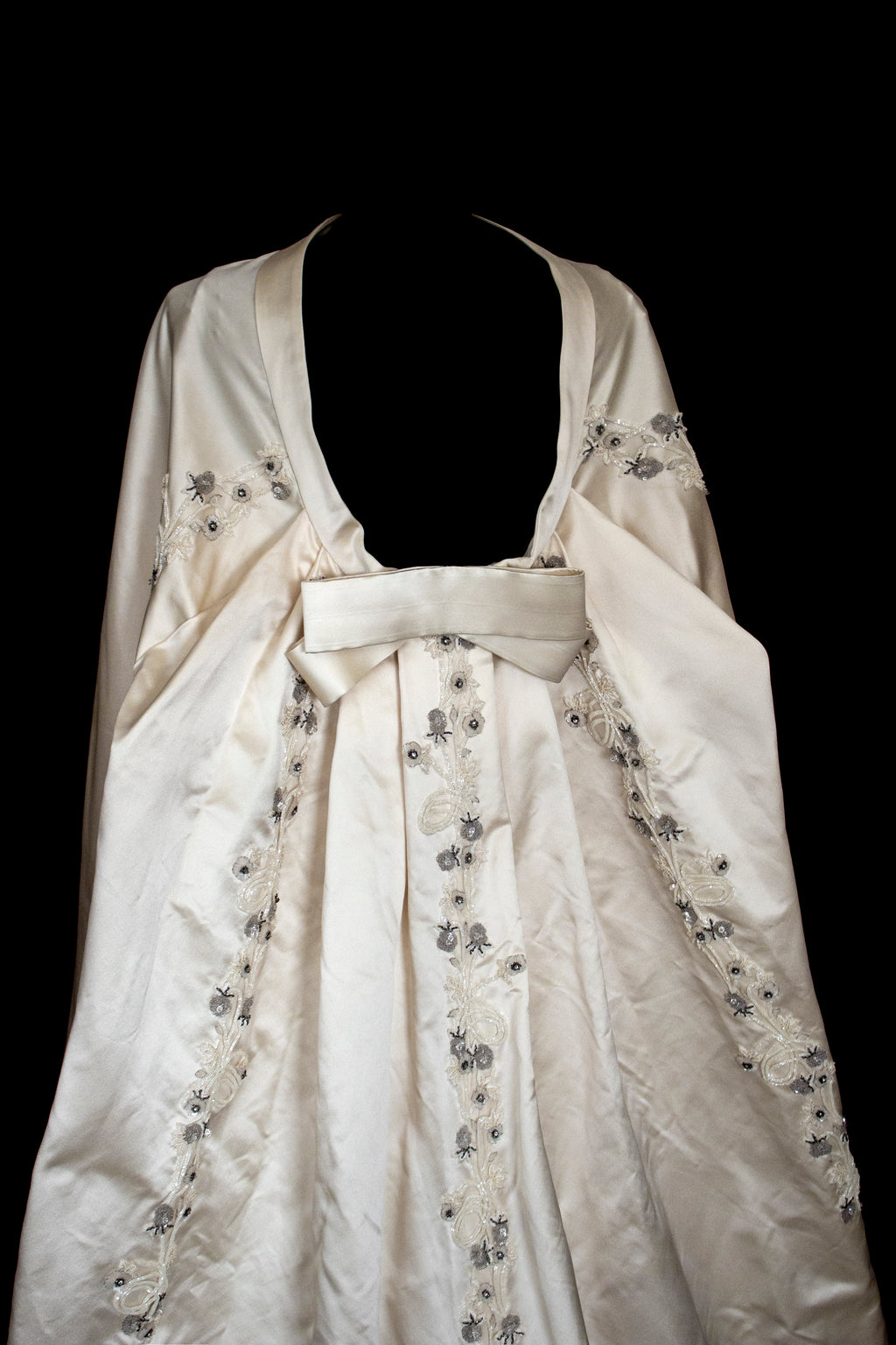 347 - UNIQUE UPCYCLED SILK SATIN WEDDING DRESS: POWDER PINK SLIP GOWN & IVORY CAPE ENSEMBLE, SILVER FLORAL EMBROIDERY, BOHO LUXURY