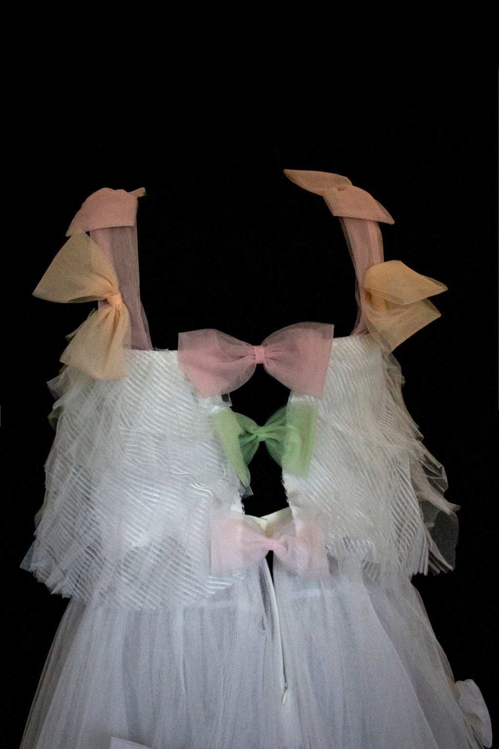 363 - VINTAGE 90s UPCYCLED TULLE 3-PIECE WEDDING DRESS: EMBROIDERED GOWN WITH HANDMADE BOWS AND CAPE