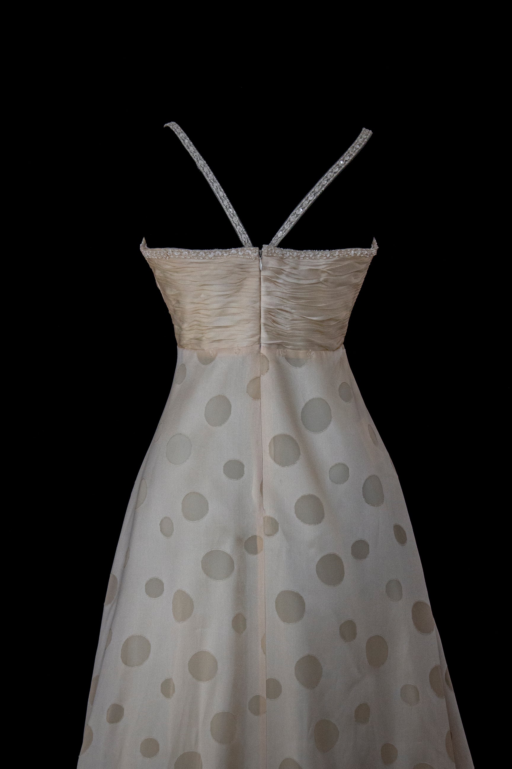 338 - IVORY CHAMPAGNE SILK ORGANZA WEDDING DRESS: POLKA / POIS DOT EMPIRE GOWN WITH BEADED STRAPS & FULL CIRCLE TRAIN - Vague atelier