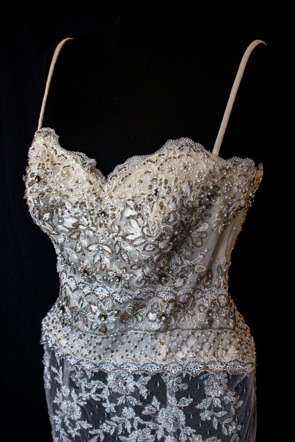 239 - VINTAGE OFF-WHITE MERMAID SWAROVSKI WEDDING DRESS: GOWN WITH NUDE POLKA DOT TULLE & SILVER FLORAL EMBROIDERY