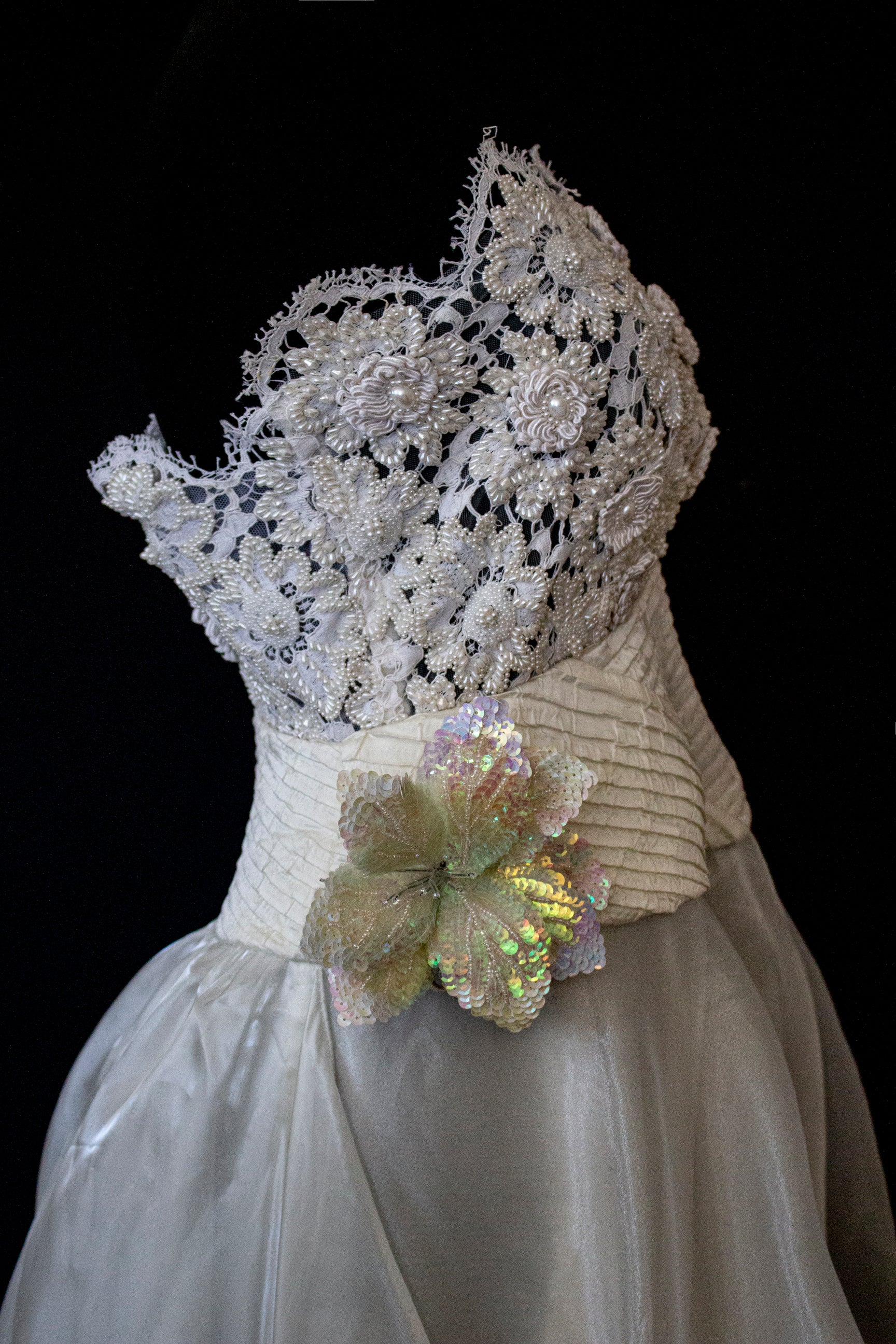 352 - UNIQUE 80S VINTAGE UPCYCLED WEDDING DRESS: EMPIRE WAIST SILK BRIDAL GOWN WITH IRIDESCENT ORGANZA & SEQUIN MAXI FLOWERS - Vague atelier