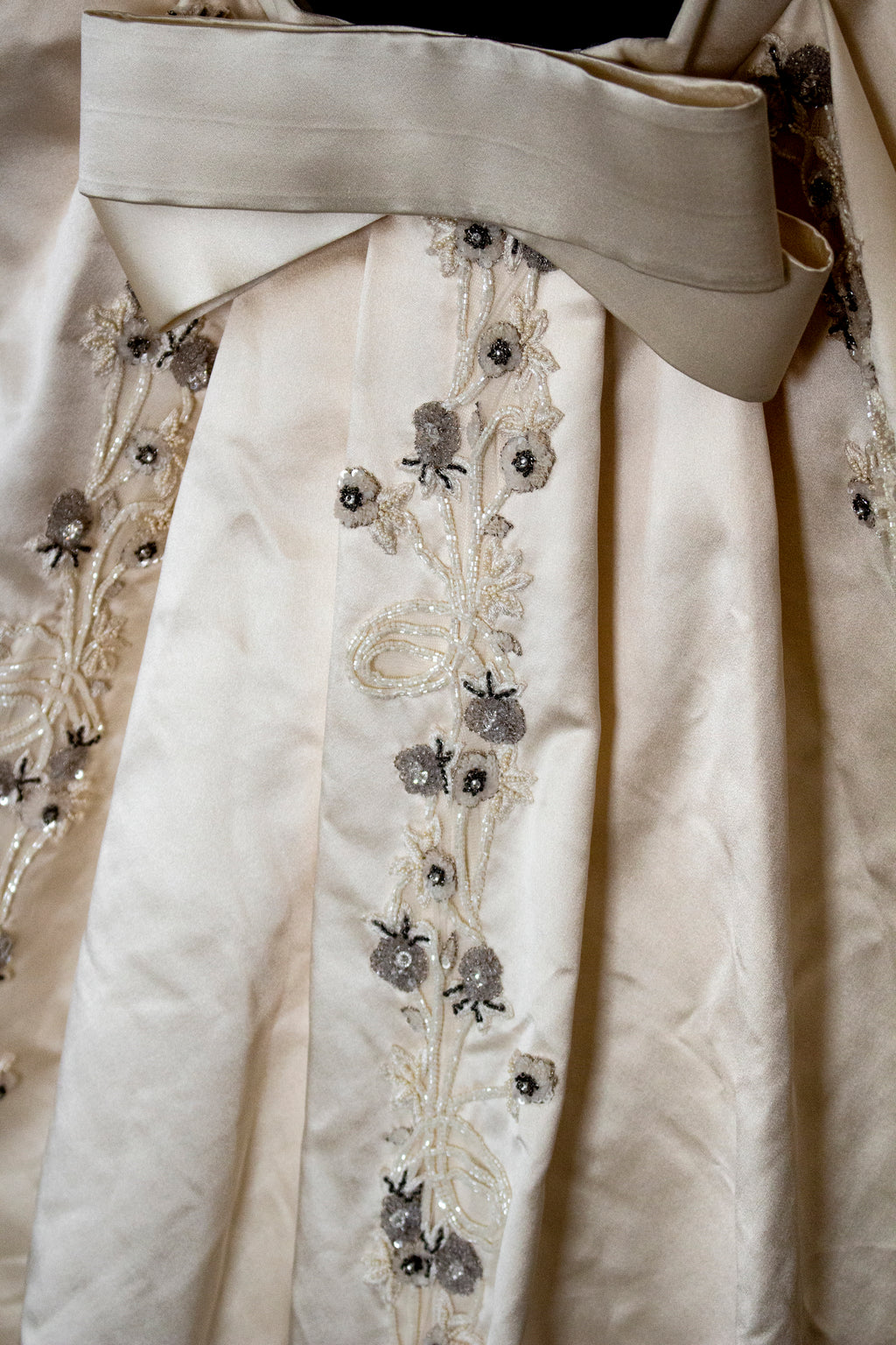347 - UNIQUE UPCYCLED SILK SATIN WEDDING DRESS: POWDER PINK SLIP GOWN & IVORY CAPE ENSEMBLE, SILVER FLORAL EMBROIDERY, BOHO LUXURY