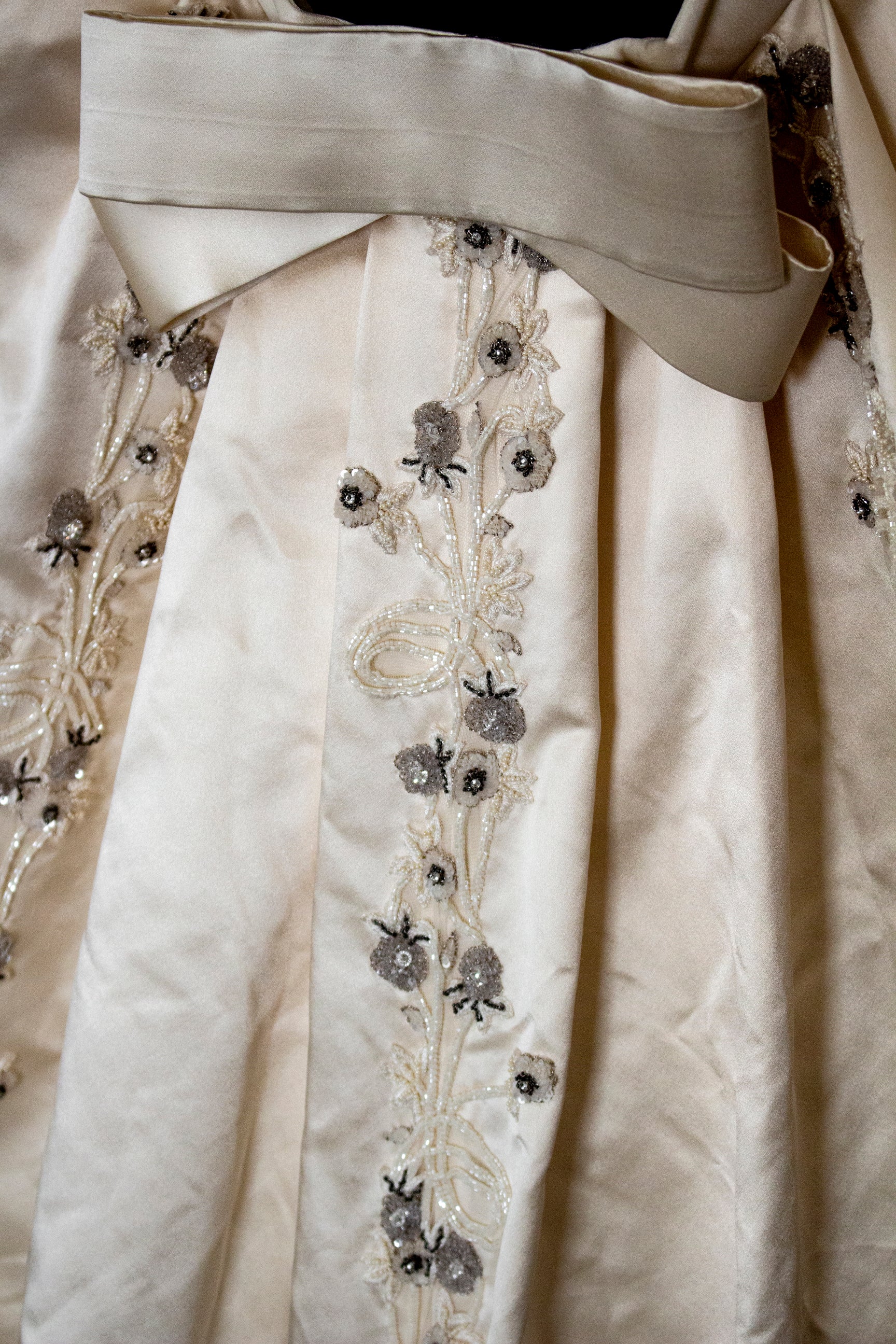 347 - UNIQUE UPCYCLED SILK SATIN WEDDING DRESS: POWDER PINK SLIP GOWN & IVORY CAPE ENSEMBLE, SILVER FLORAL EMBROIDERY, BOHO LUXURY