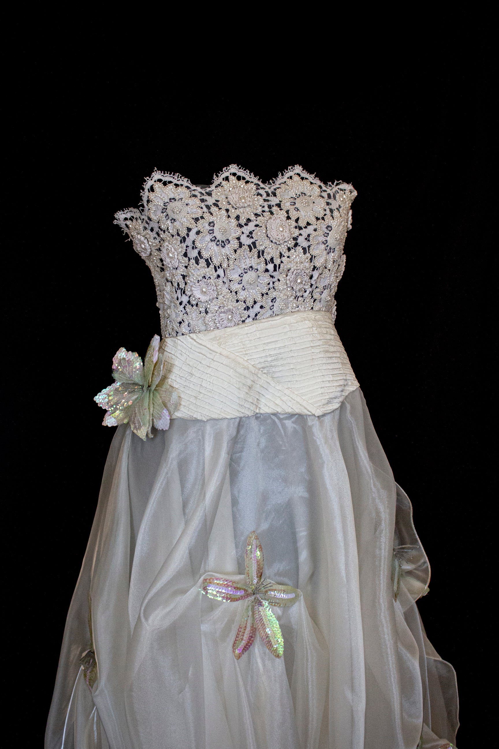 352 - UNIQUE 80S VINTAGE UPCYCLED WEDDING DRESS: EMPIRE WAIST SILK BRIDAL GOWN WITH IRIDESCENT ORGANZA & SEQUIN MAXI FLOWERS - Vague atelier