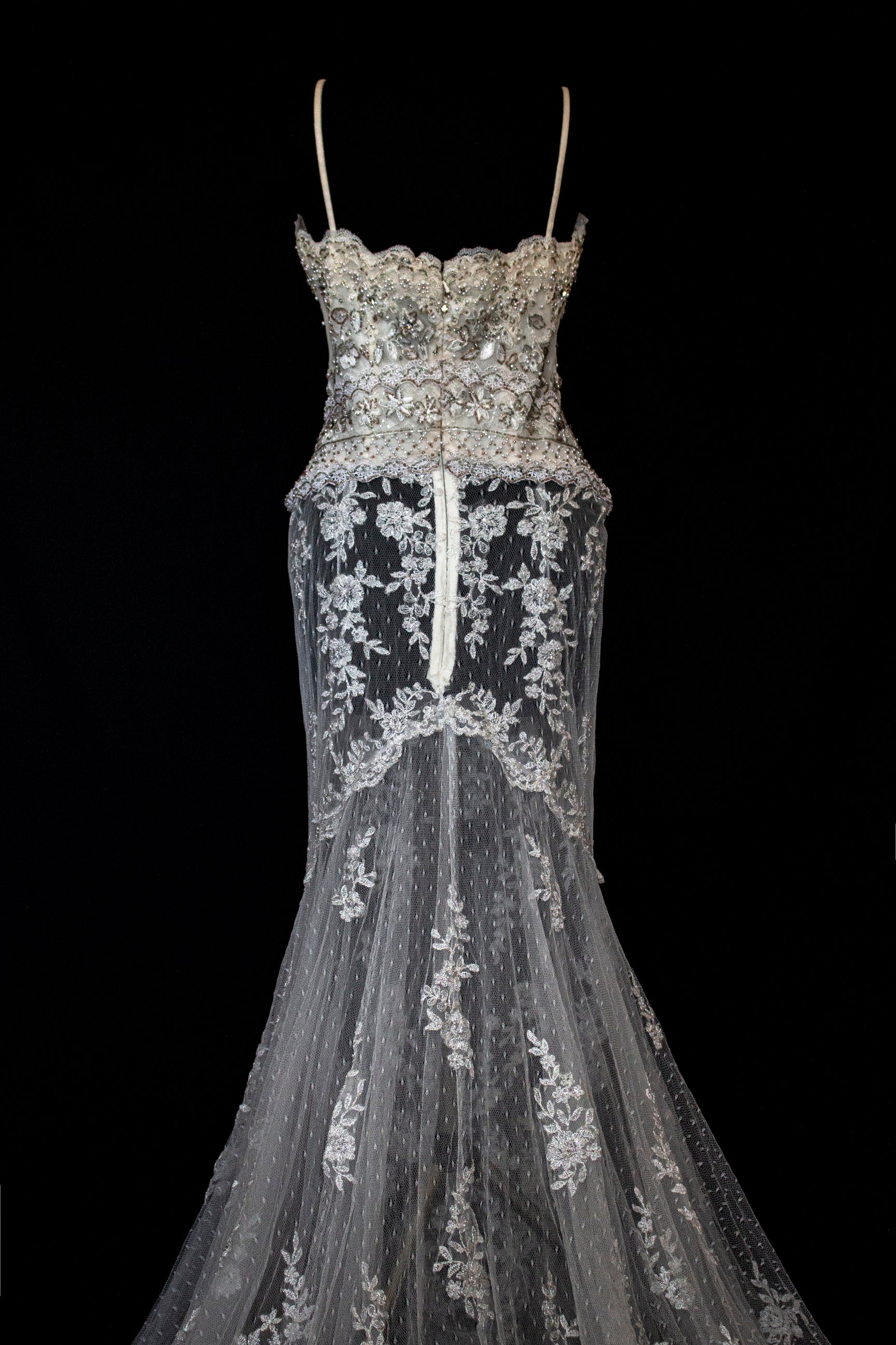 239 - VINTAGE OFF-WHITE MERMAID SWAROVSKI WEDDING DRESS: GOWN WITH NUDE POLKA DOT TULLE & SILVER FLORAL EMBROIDERY