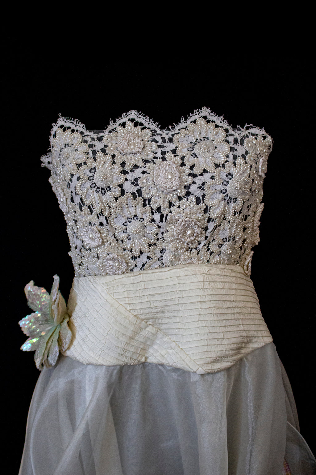 352 - UNIQUE 80S VINTAGE UPCYCLED WEDDING DRESS: EMPIRE WAIST SILK BRIDAL GOWN WITH IRIDESCENT ORGANZA & SEQUIN MAXI FLOWERS - Vague atelier