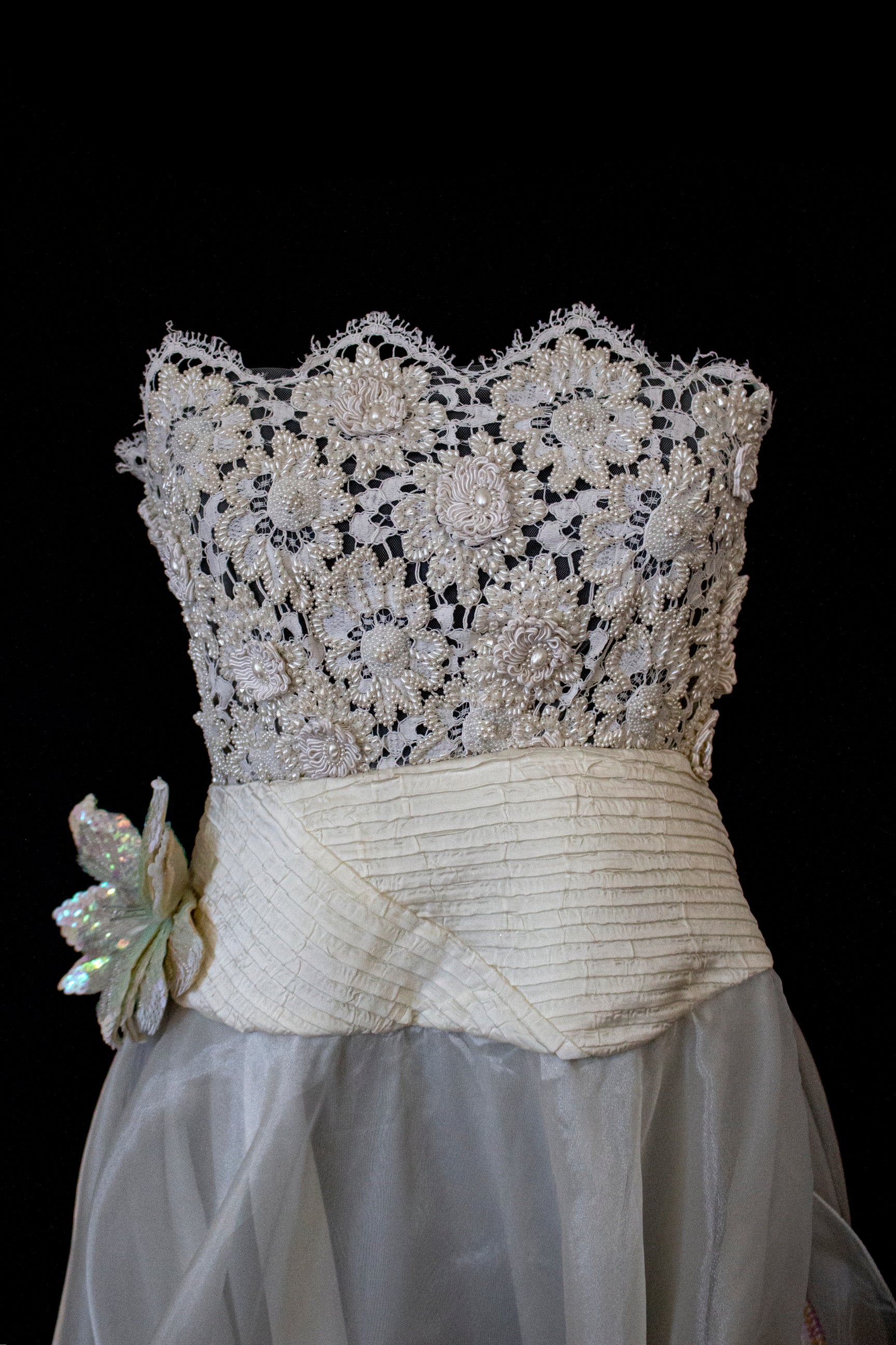352 - UNIQUE 80S VINTAGE UPCYCLED WEDDING DRESS: EMPIRE WAIST SILK BRIDAL GOWN WITH IRIDESCENT ORGANZA & SEQUIN MAXI FLOWERS - Vague atelier