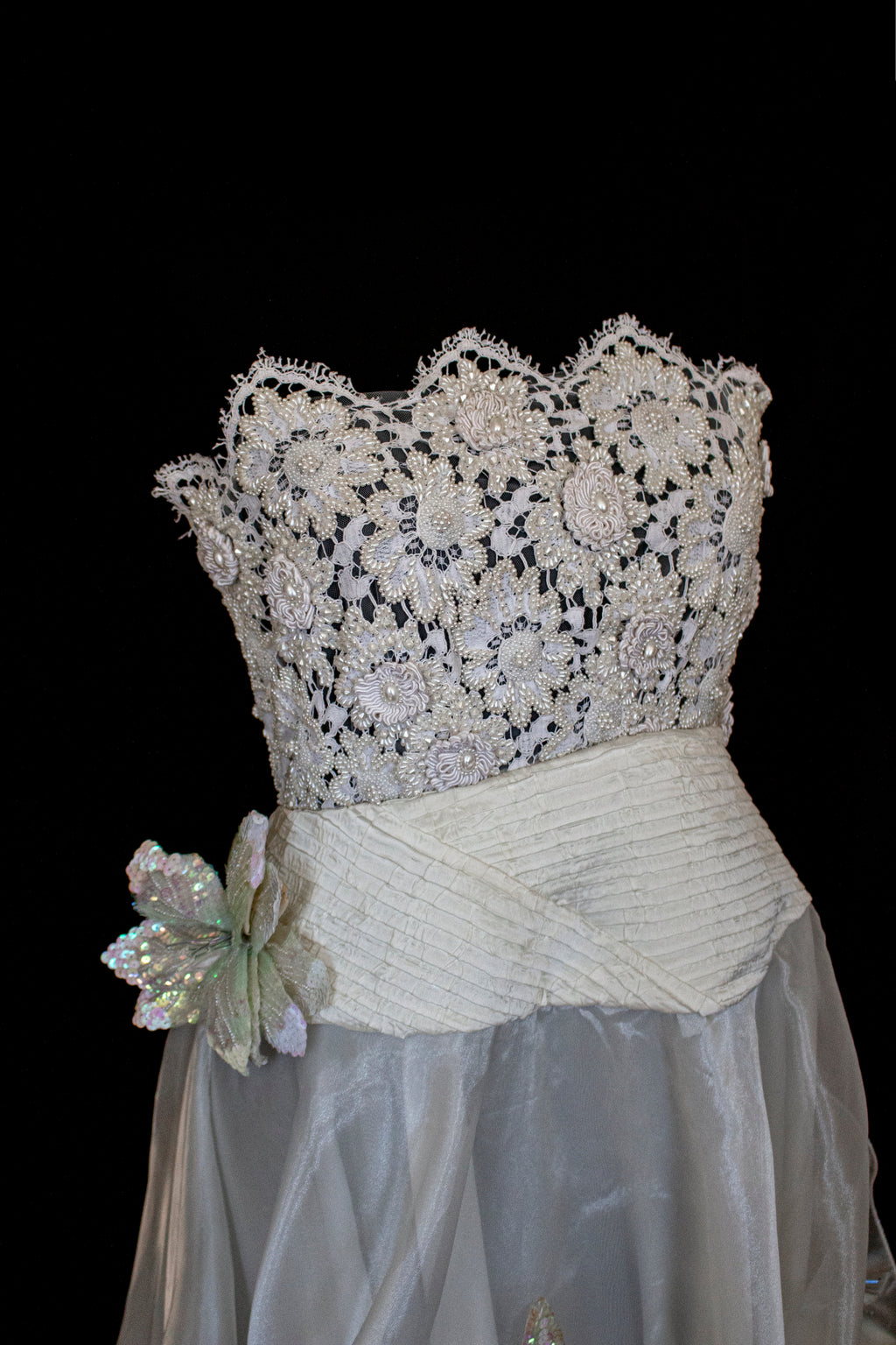 352 - UNIQUE 80S VINTAGE UPCYCLED WEDDING DRESS: EMPIRE WAIST SILK BRIDAL GOWN WITH IRIDESCENT ORGANZA & SEQUIN MAXI FLOWERS - Vague atelier