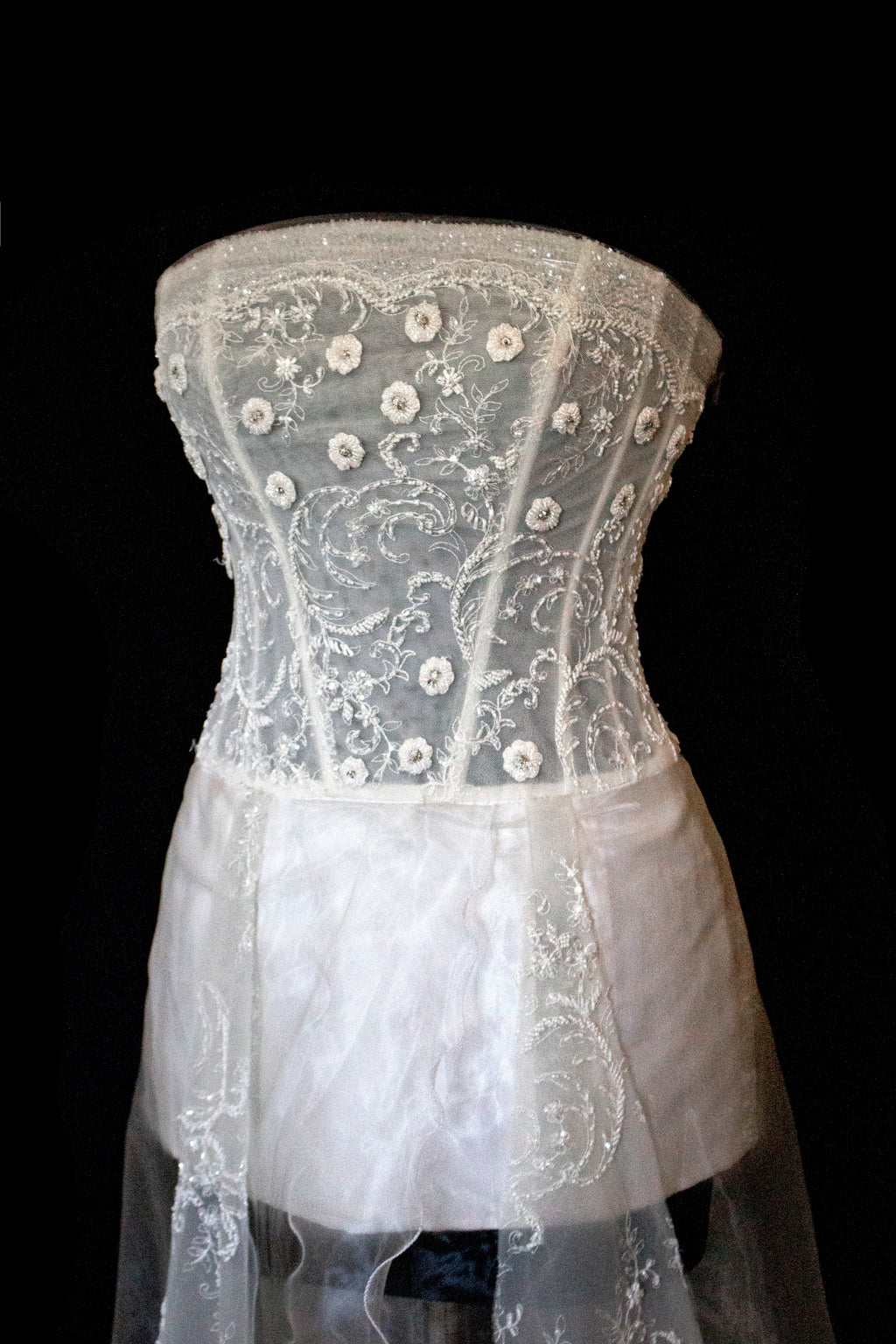 365 - VINTAGE 90s UPCYCLED EMBROIDERED WEDDING DRESS: STRAPLESS WRAP GOWN WITH IRIDESCENT DRAMA CAPE
