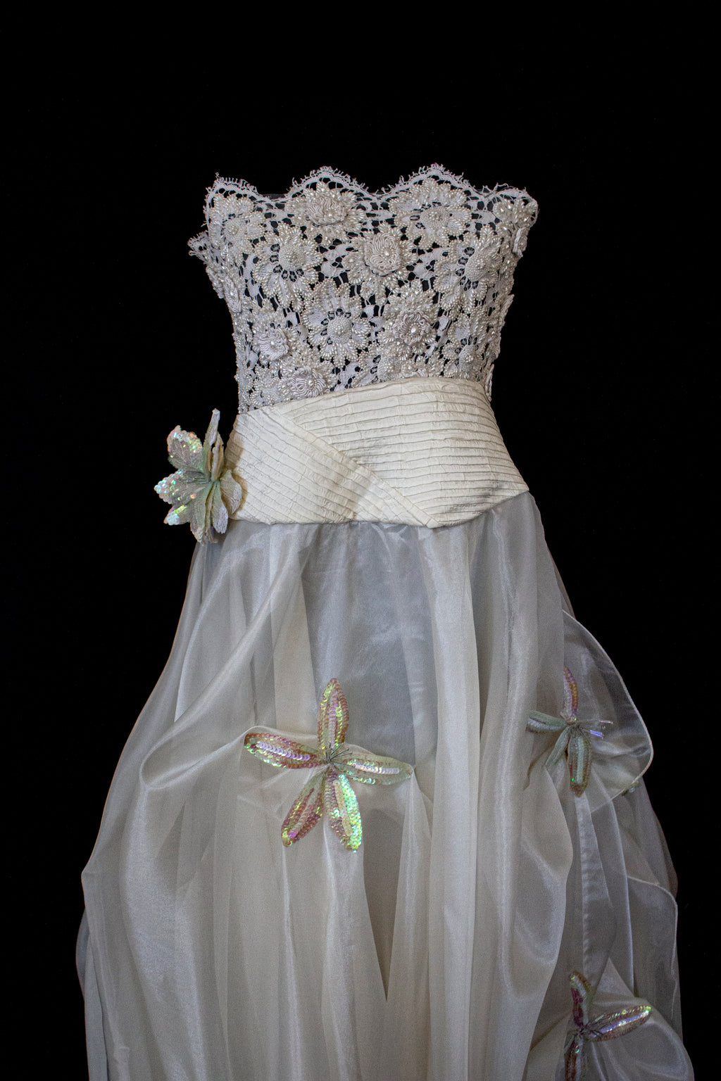 352 - UNIQUE 80S VINTAGE UPCYCLED WEDDING DRESS: EMPIRE WAIST SILK BRIDAL GOWN WITH IRIDESCENT ORGANZA & SEQUIN MAXI FLOWERS - Vague atelier