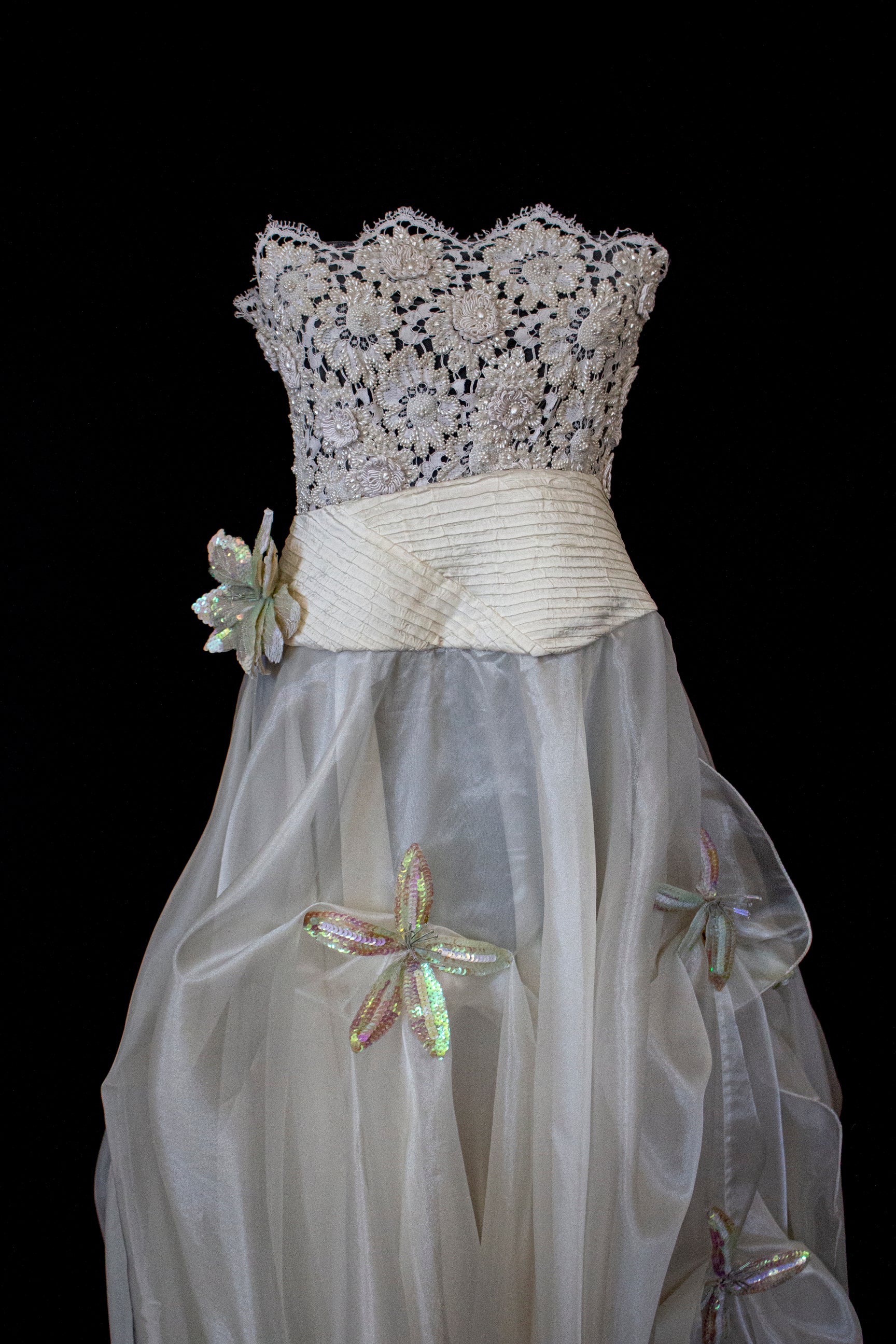 352 - UNIQUE 80S VINTAGE UPCYCLED WEDDING DRESS: EMPIRE WAIST SILK BRIDAL GOWN WITH IRIDESCENT ORGANZA & SEQUIN MAXI FLOWERS - Vague atelier