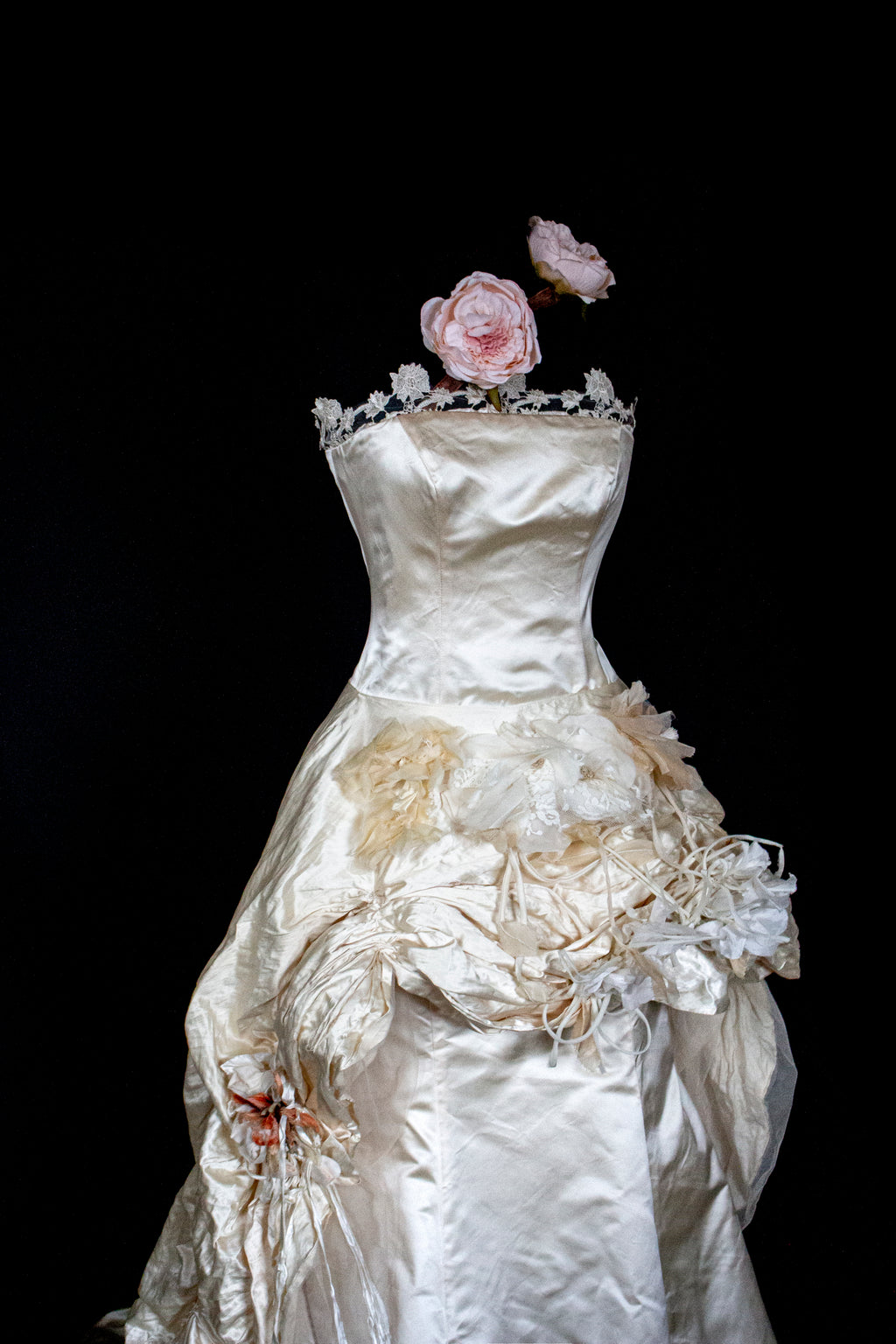348 - UNIQUE UPCYCLED SILK MERMAID WEDDING DRESS: 90S CREAM TAFFETA GOWN WITH PINK PEONIES, EMBOSSED FLORAL DETAILS & BOHO ROMANTIC STYLE