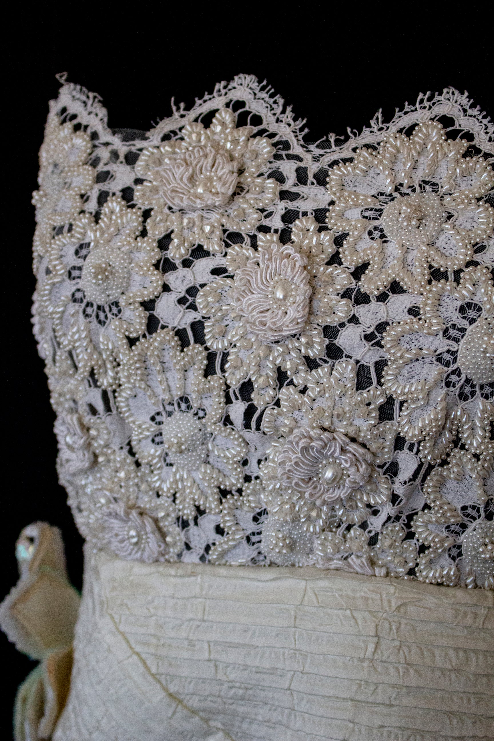 352 - UNIQUE 80S VINTAGE UPCYCLED WEDDING DRESS: EMPIRE WAIST SILK BRIDAL GOWN WITH IRIDESCENT ORGANZA & SEQUIN MAXI FLOWERS - Vague atelier