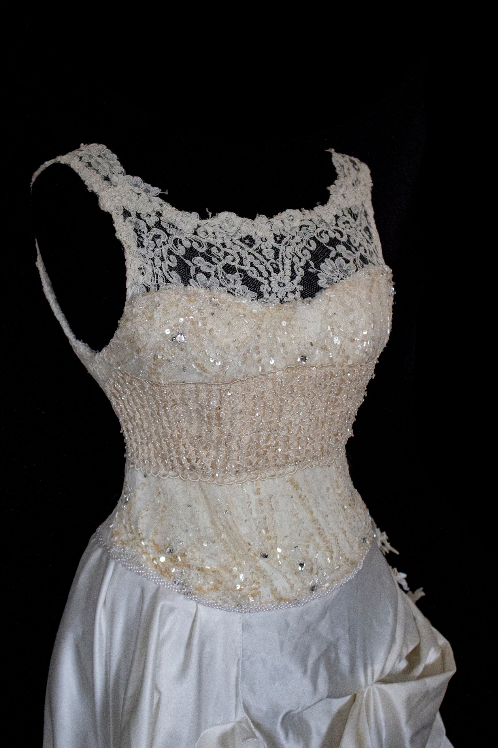 337 - IVORY CHAMPAGNE UPCYCLED COUTURE WEDDING DRESS: MIXED VINTAGE SILKS WITH HAND-EMBROIDERED LACE & FLORAL RAMAGE - Vague atelier