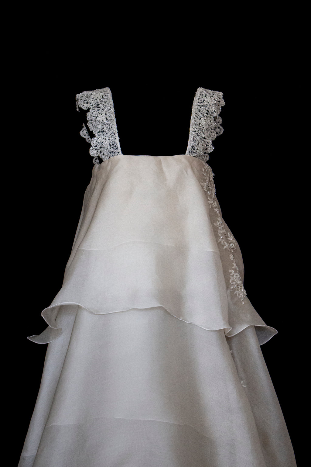 344 - UNIQUE UPCYCLED SILK ORGANZA WEDDING DRESS: PEARL GREY & BRONZE RUFFLED GOWN, SILVER EMBROIDERY, LUXURY SUSTAINABLE BRIDAL DRESS - Vague atelier