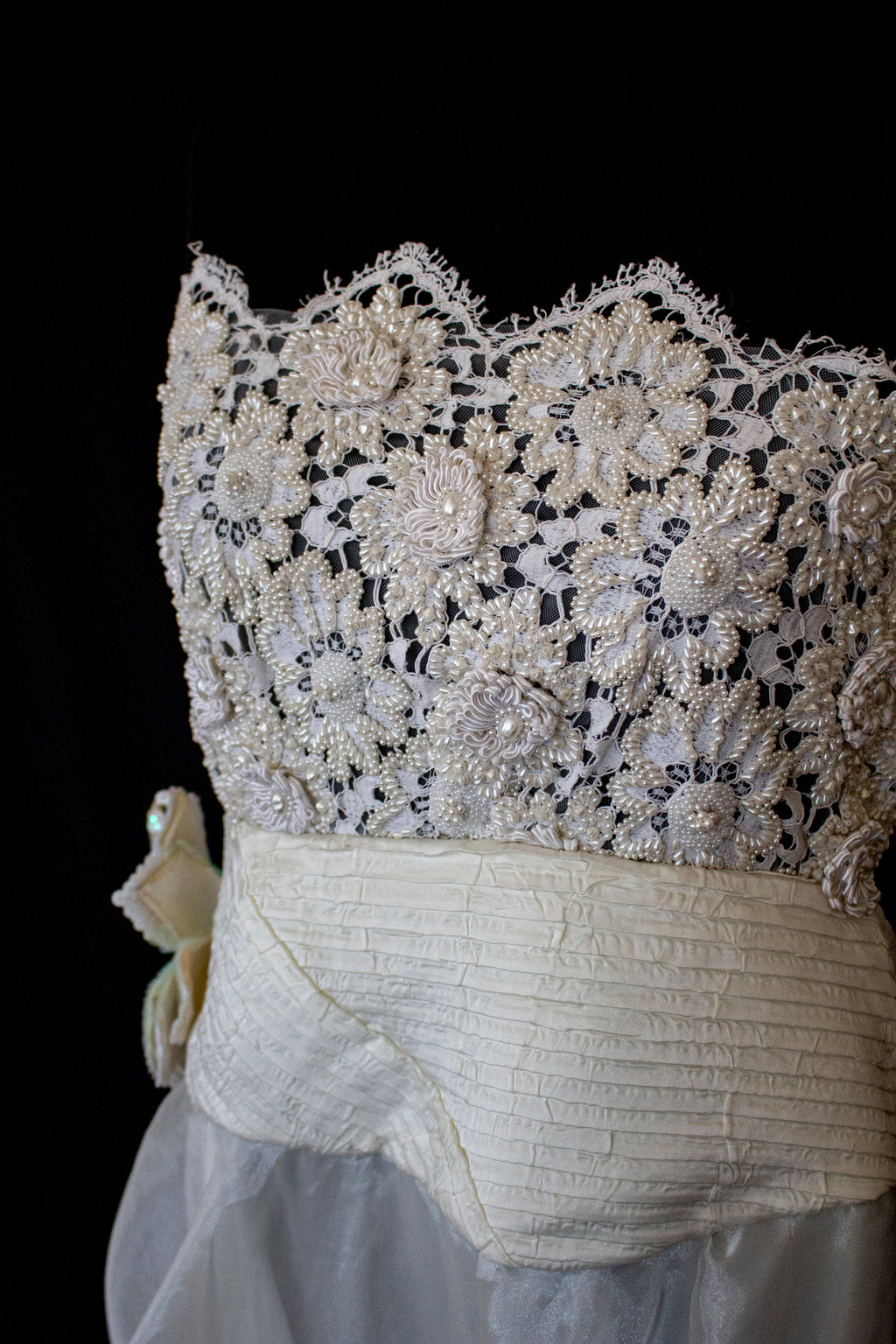 352 - UNIQUE 80S VINTAGE UPCYCLED WEDDING DRESS: EMPIRE WAIST SILK BRIDAL GOWN WITH IRIDESCENT ORGANZA & SEQUIN MAXI FLOWERS - Vague atelier