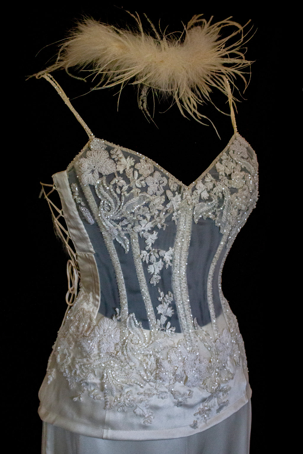 362 - VINTAGE 90s SILK BRIDAL TWO PIECE SET: EMBROIDERED BUSTIER AND FLUID CREAM SKIRT
