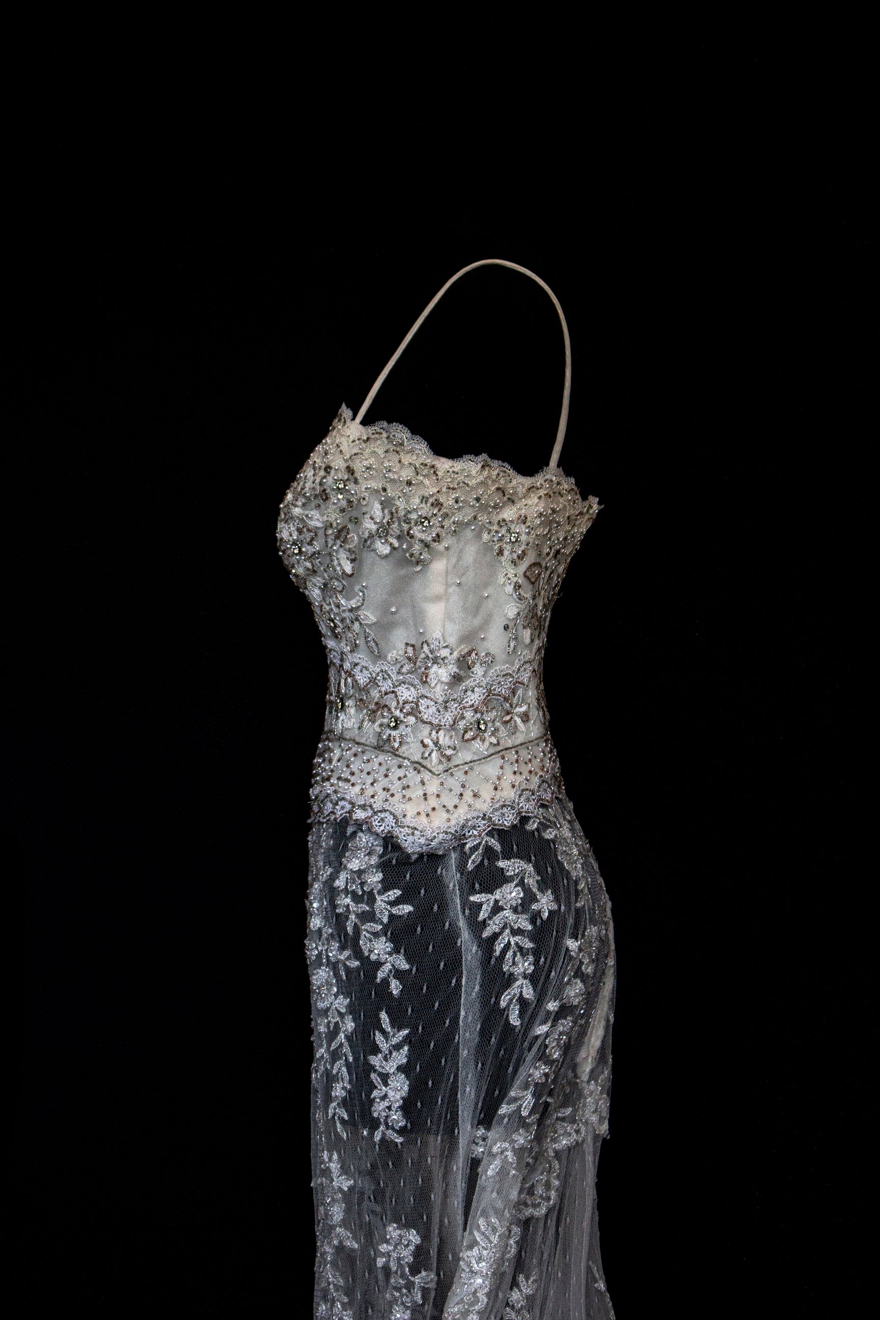 239 - VINTAGE OFF-WHITE MERMAID SWAROVSKI WEDDING DRESS: GOWN WITH NUDE POLKA DOT TULLE & SILVER FLORAL EMBROIDERY