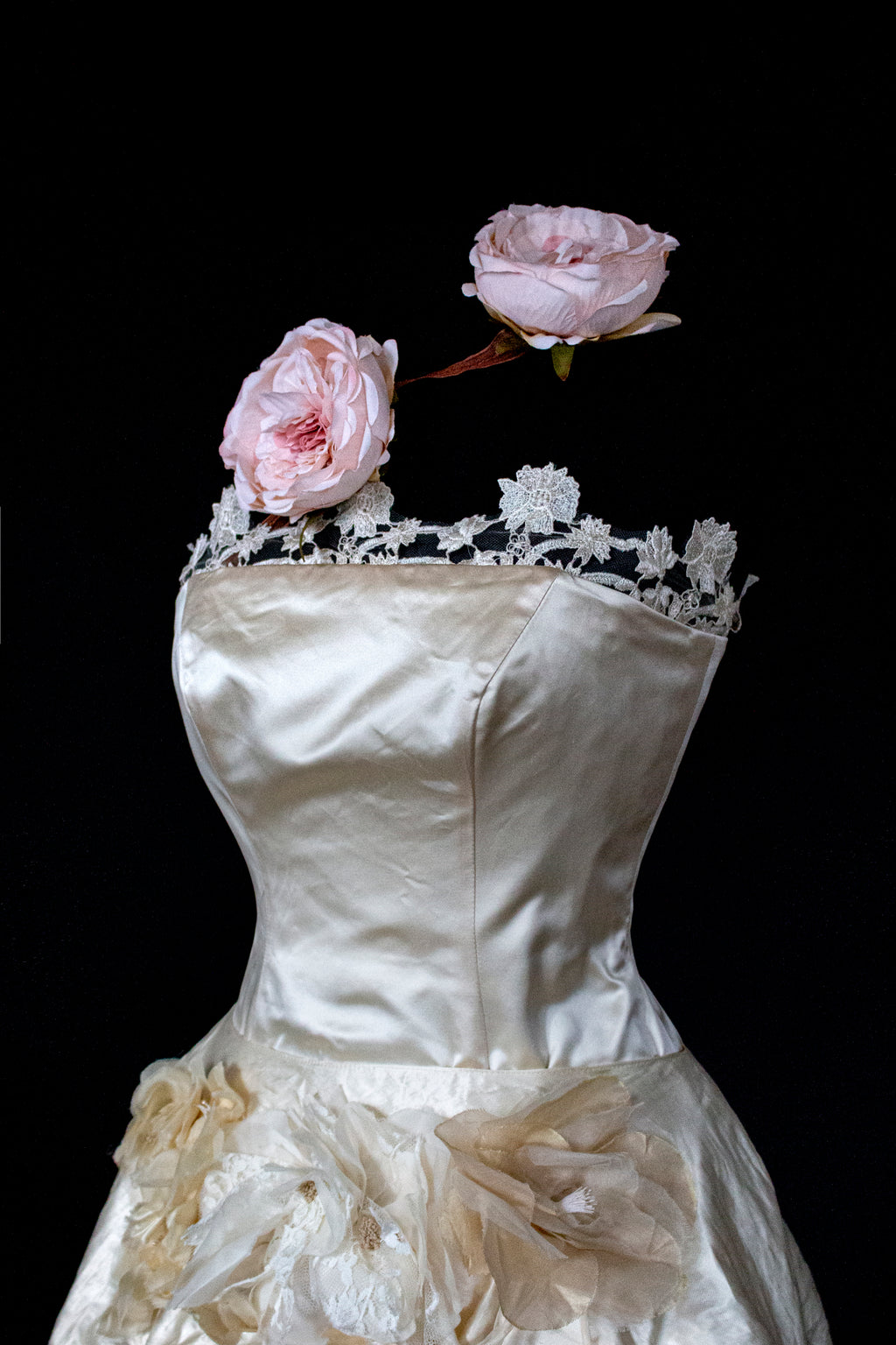 348 - UNIQUE UPCYCLED SILK MERMAID WEDDING DRESS: 90S CREAM TAFFETA GOWN WITH PINK PEONIES, EMBOSSED FLORAL DETAILS & BOHO ROMANTIC STYLE