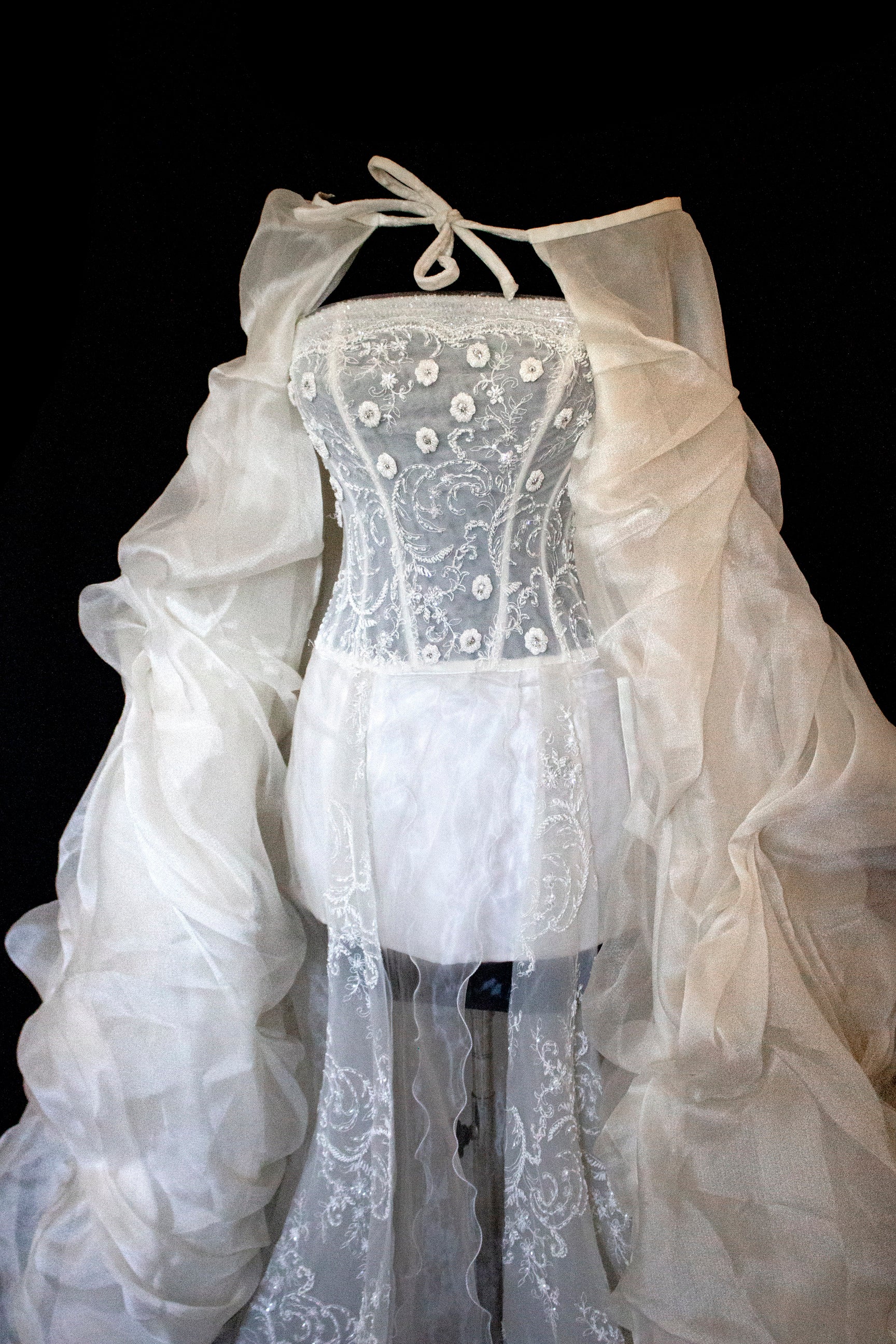 365 - VINTAGE 90s UPCYCLED EMBROIDERED WEDDING DRESS: STRAPLESS WRAP GOWN WITH IRIDESCENT DRAMA CAPE