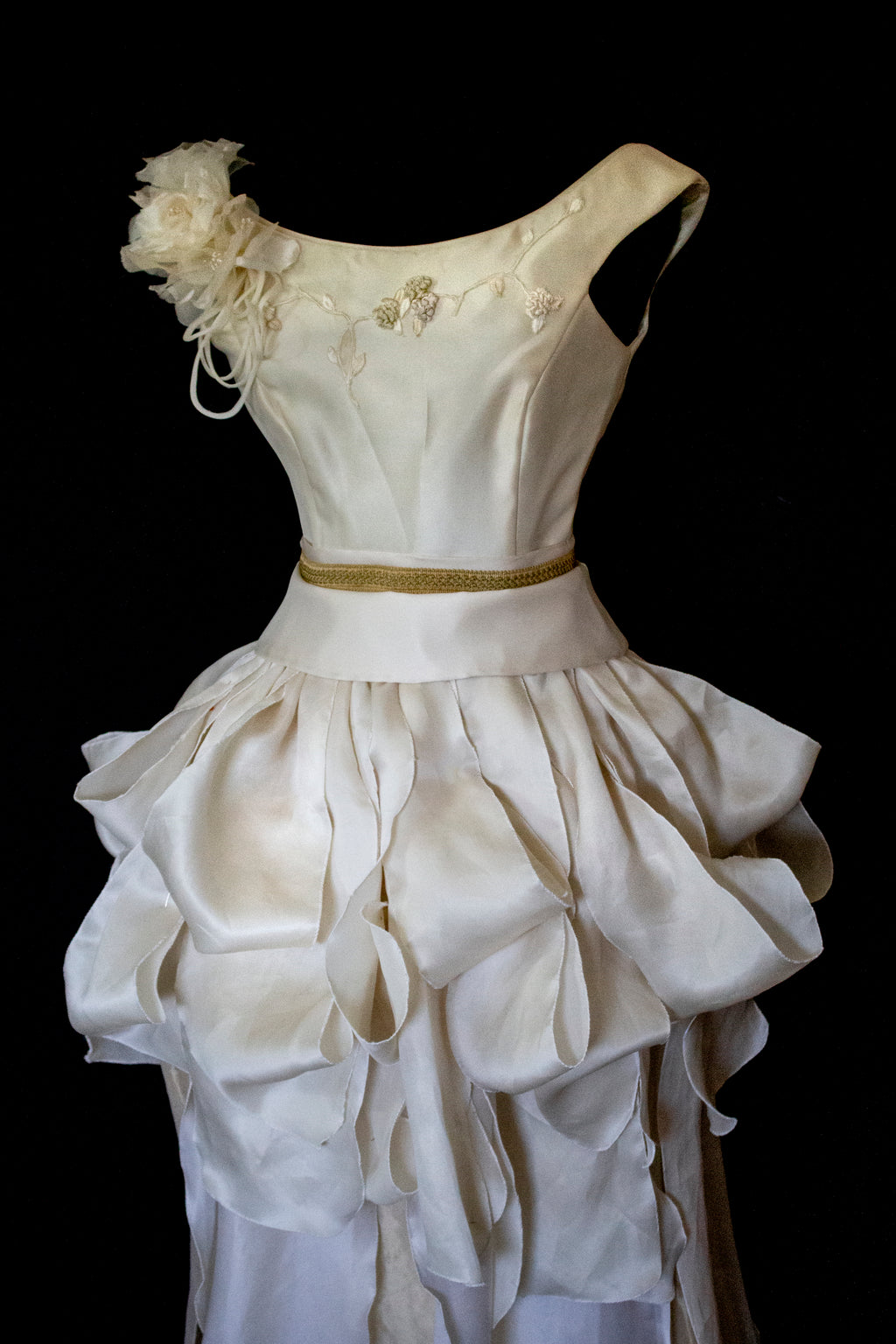 357 - VINTAGE 90s UPCYCLED SILK ORGANZA WEDDING DRESS: EMBROIDERED GOWN WITH HANDMADE FRINGE