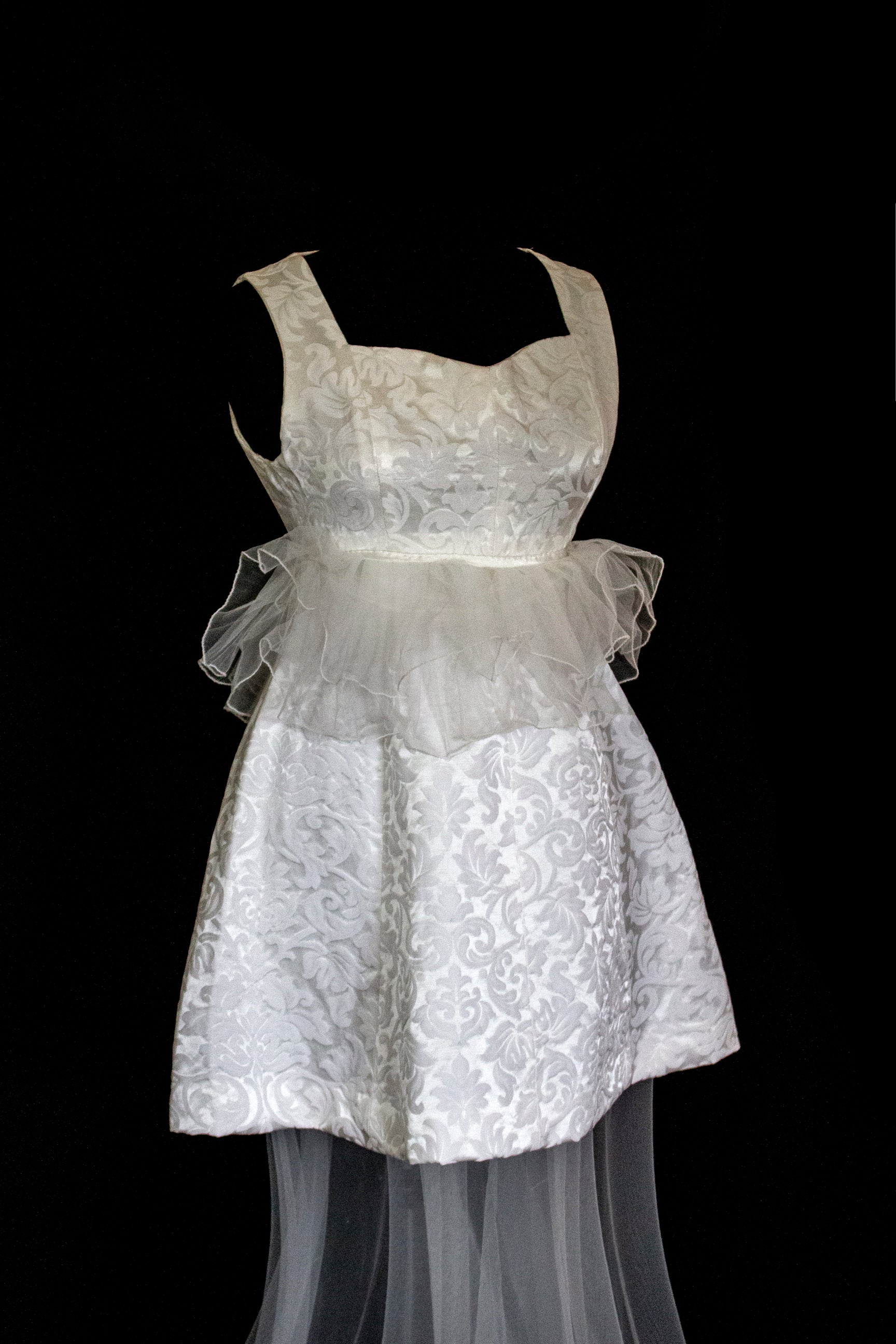 Vintage 90s Mini Wedding Dress | Damask Bridal Dress with Cape & Bow - 368