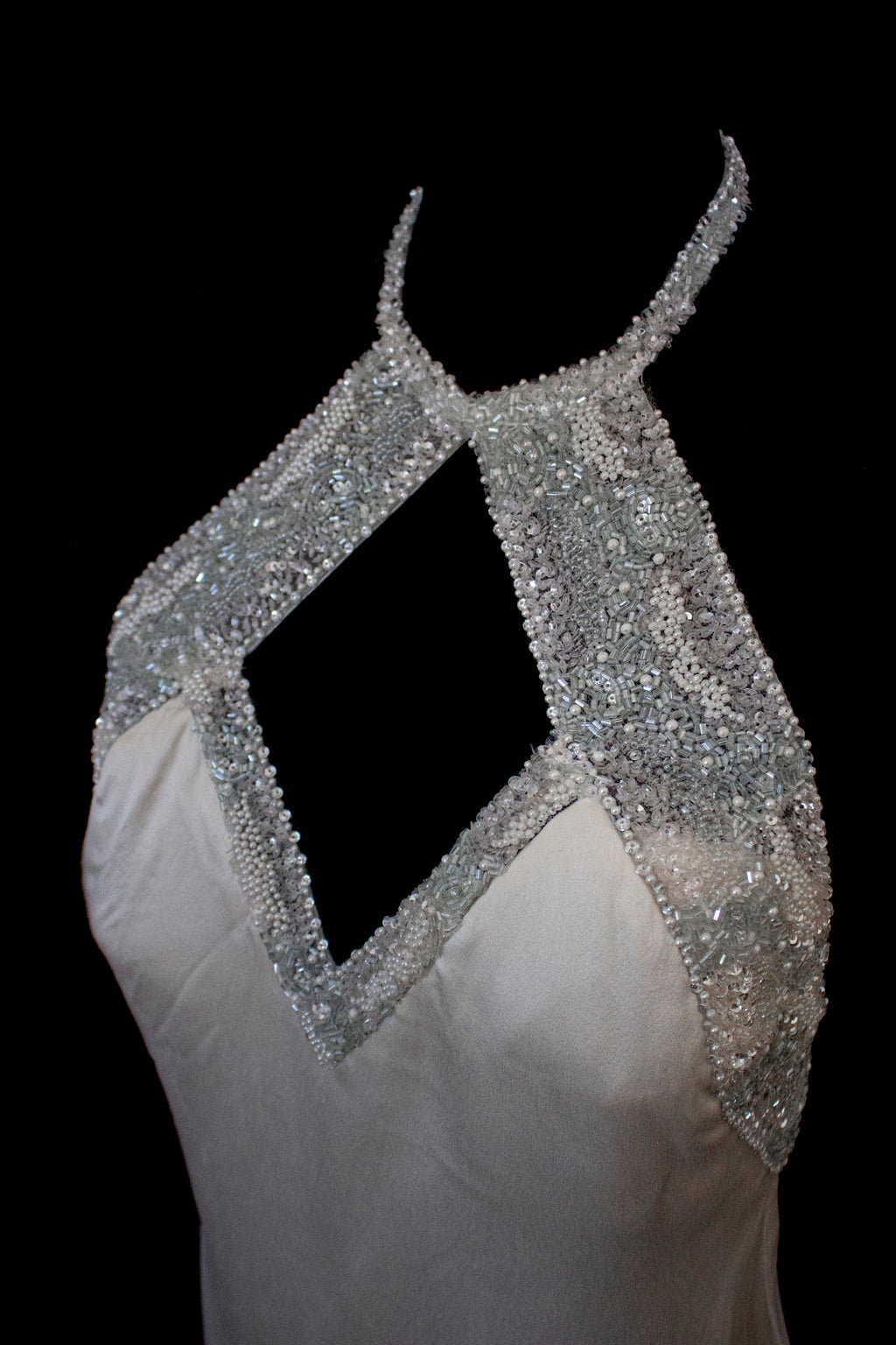 291 - OLD HOLLYWOOD VINTAGE MERMAID BRIDAL GOWN: BACKLESS SILK SATIN & ART DECO SILVER BEADING
