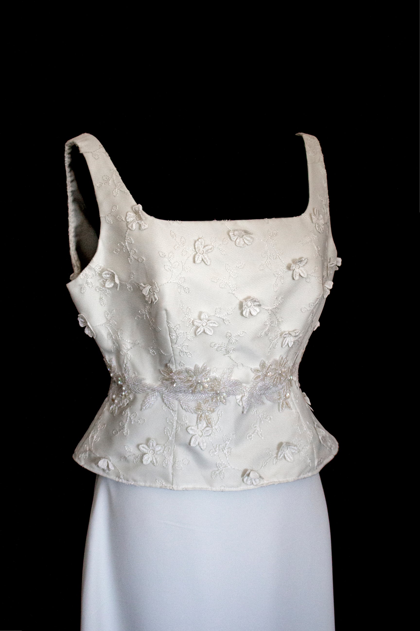 293 - UNIQUE UPCYCLED 3-PIECE BRIDAL SET: 3D FLORAL TOP, MIKADO SKIRT & BRIDAL VEST