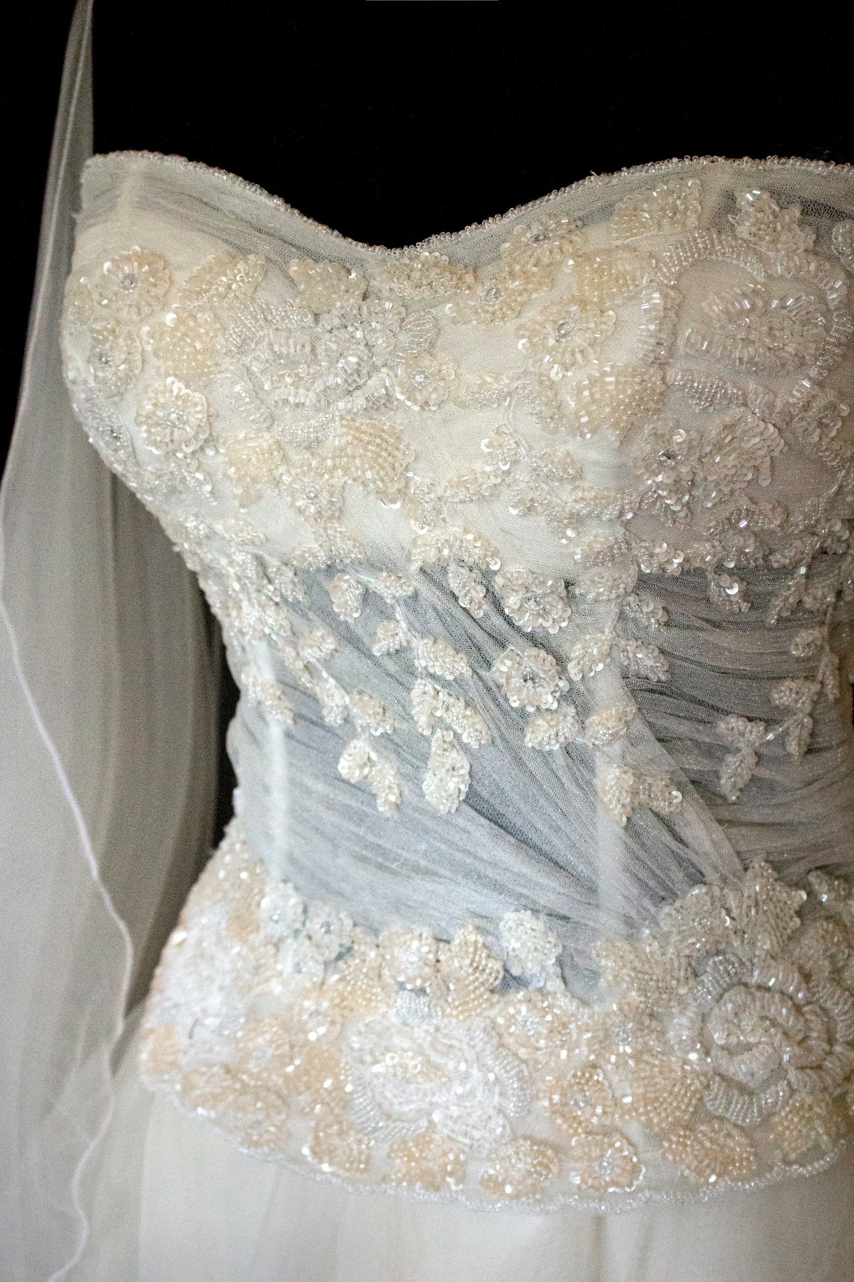 361 - VINTAGE PRINCESS WEDDING DRESS: ECRU SILK TULLE GOWN WITH EMBROIDERED STRAPLESS BODICE