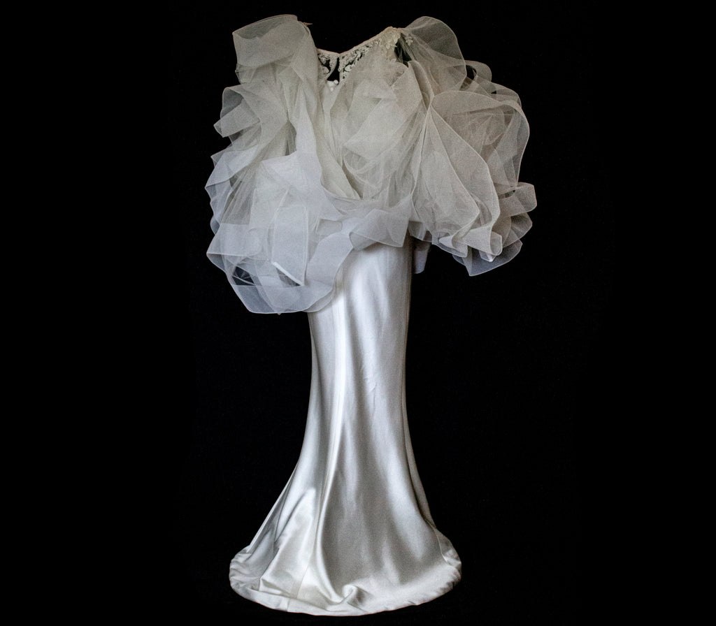 360 - VINTAGE SLIP STYLE WEDDING DRESS: CREAM FLUID SATIN GOWN WITH EMBROIDERED TULLE CAPE