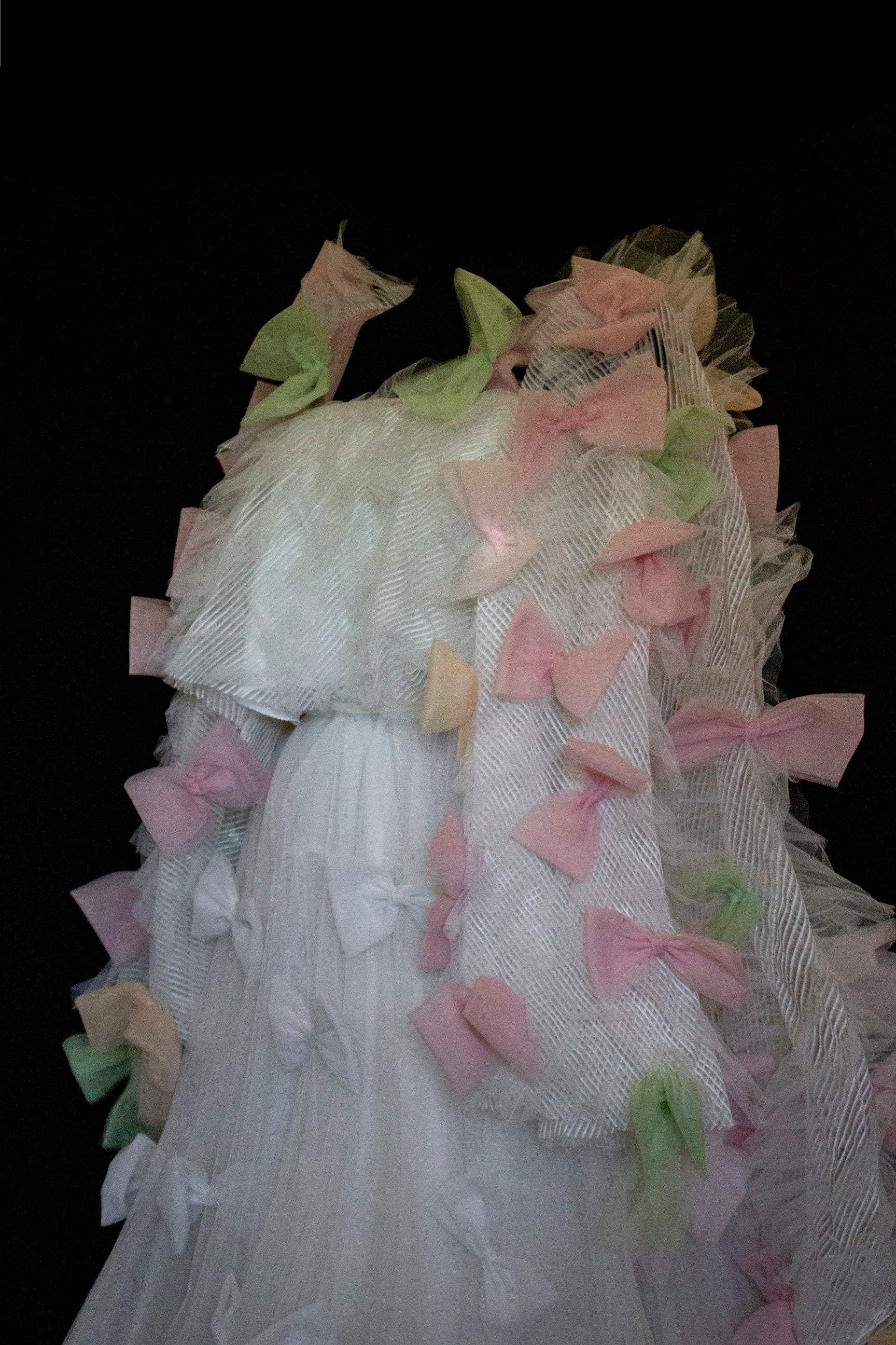363 - VINTAGE 90s UPCYCLED TULLE 3-PIECE WEDDING DRESS: EMBROIDERED GOWN WITH HANDMADE BOWS AND CAPE