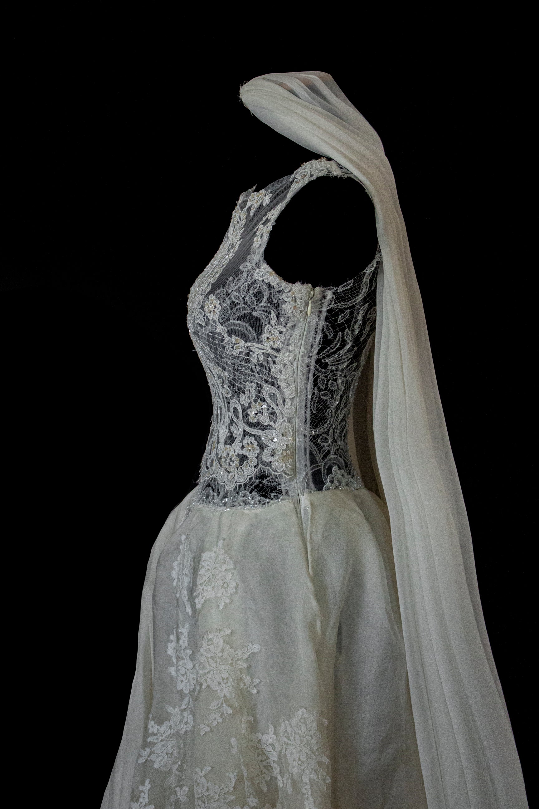 331 - ONE OF A KIND UPCYCLED VINTAGE BRIDAL GOWN: ASYMMETRIC LAYERED SILK CLOUD SKIRT & EMBROIDERED LACE - Vague atelier