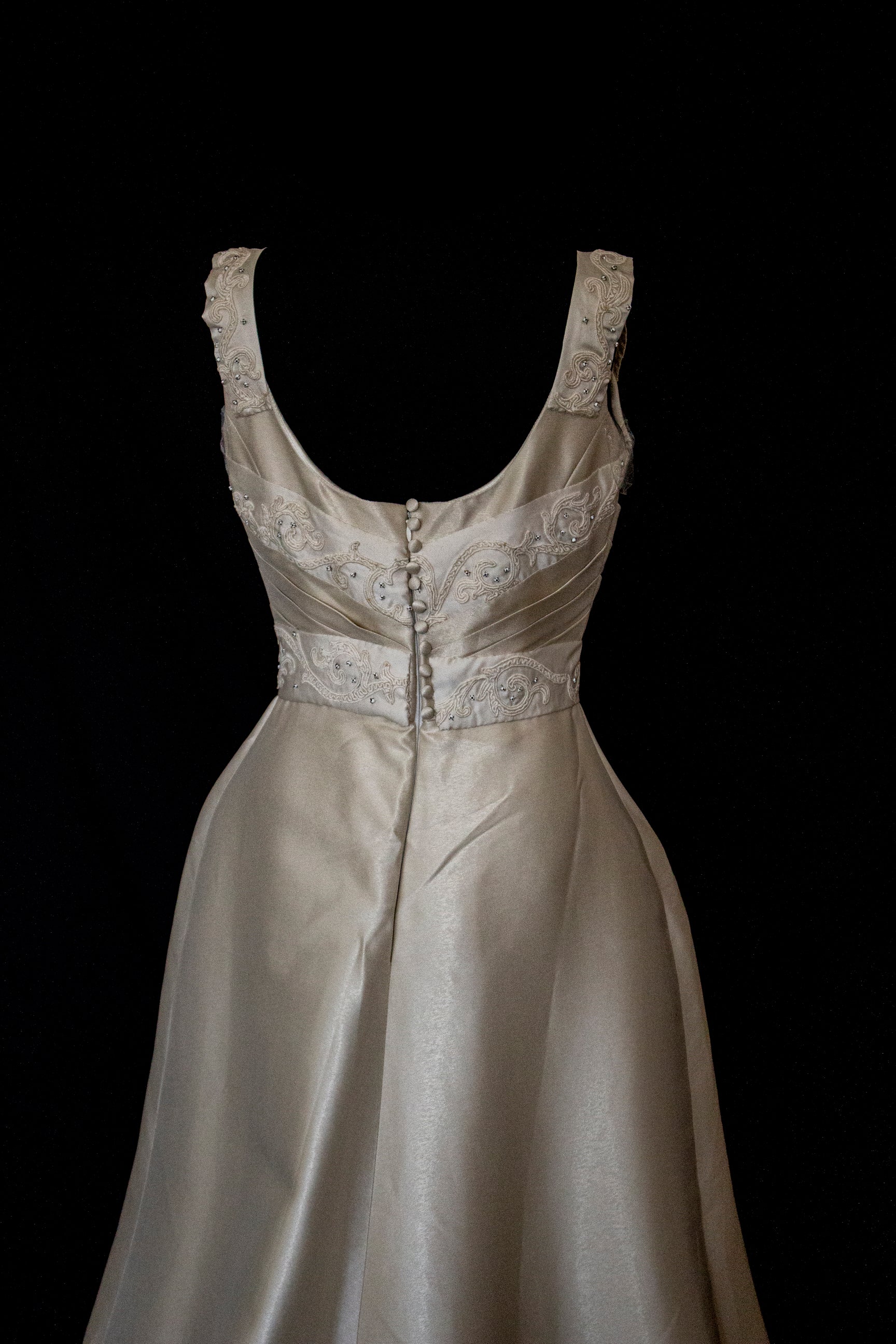 307 - REGAL BRONZE SILK MIKADO WEDDING DRESS: A-LINE GOWN WITH ANTIQUE 1960S EMBROIDERY