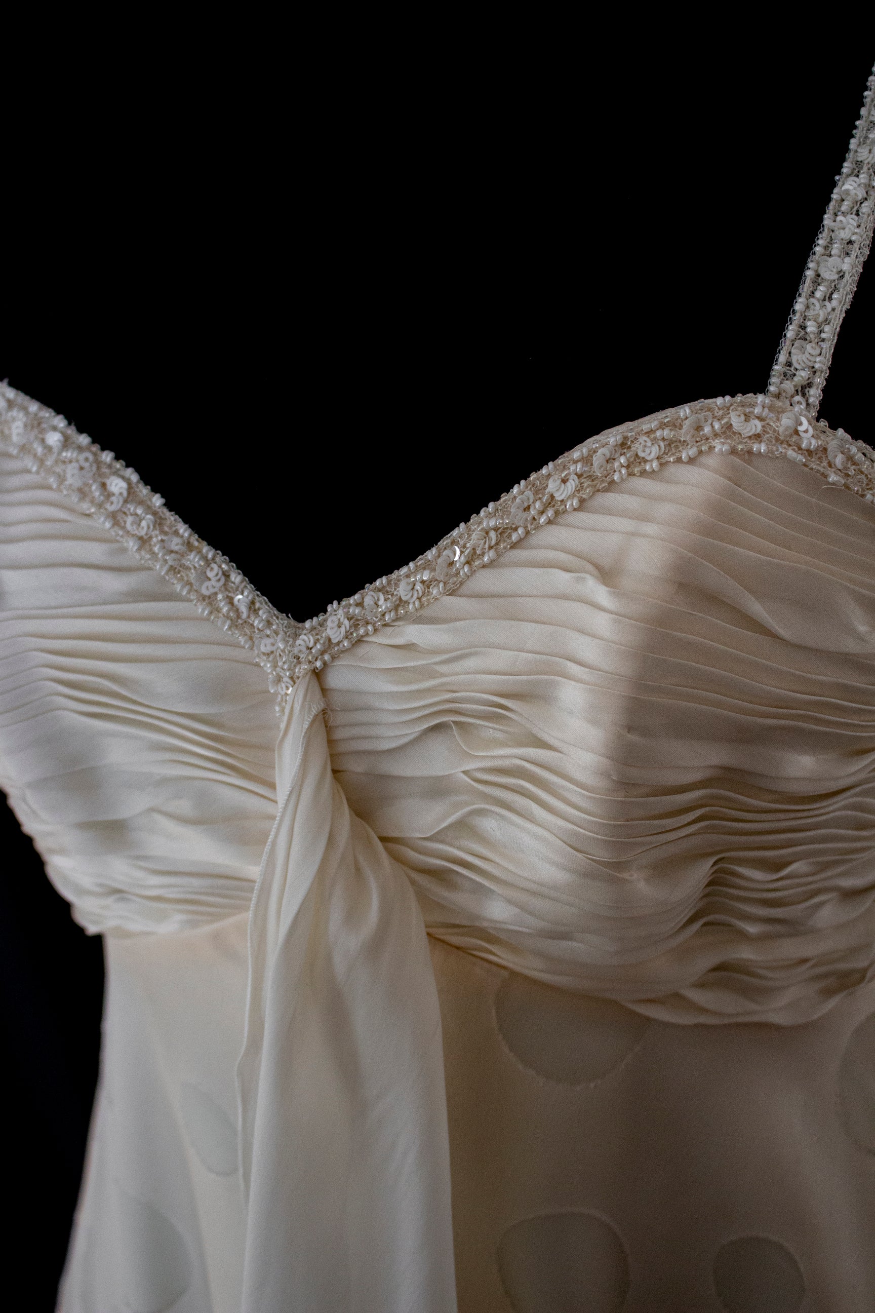 338 - IVORY CHAMPAGNE SILK ORGANZA WEDDING DRESS: POLKA / POIS DOT EMPIRE GOWN WITH BEADED STRAPS & FULL CIRCLE TRAIN - Vague atelier