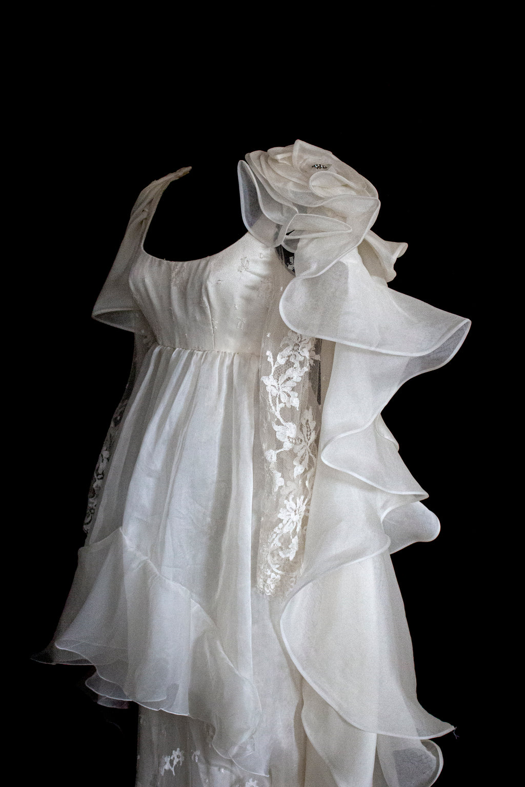 340 - OFF-WHITE SILK ORGANZA & ECRU LACE UPCYCLED WEDDING DRESS: UNIQUE EMPIRE GOWN WITH PLEATED WINGS