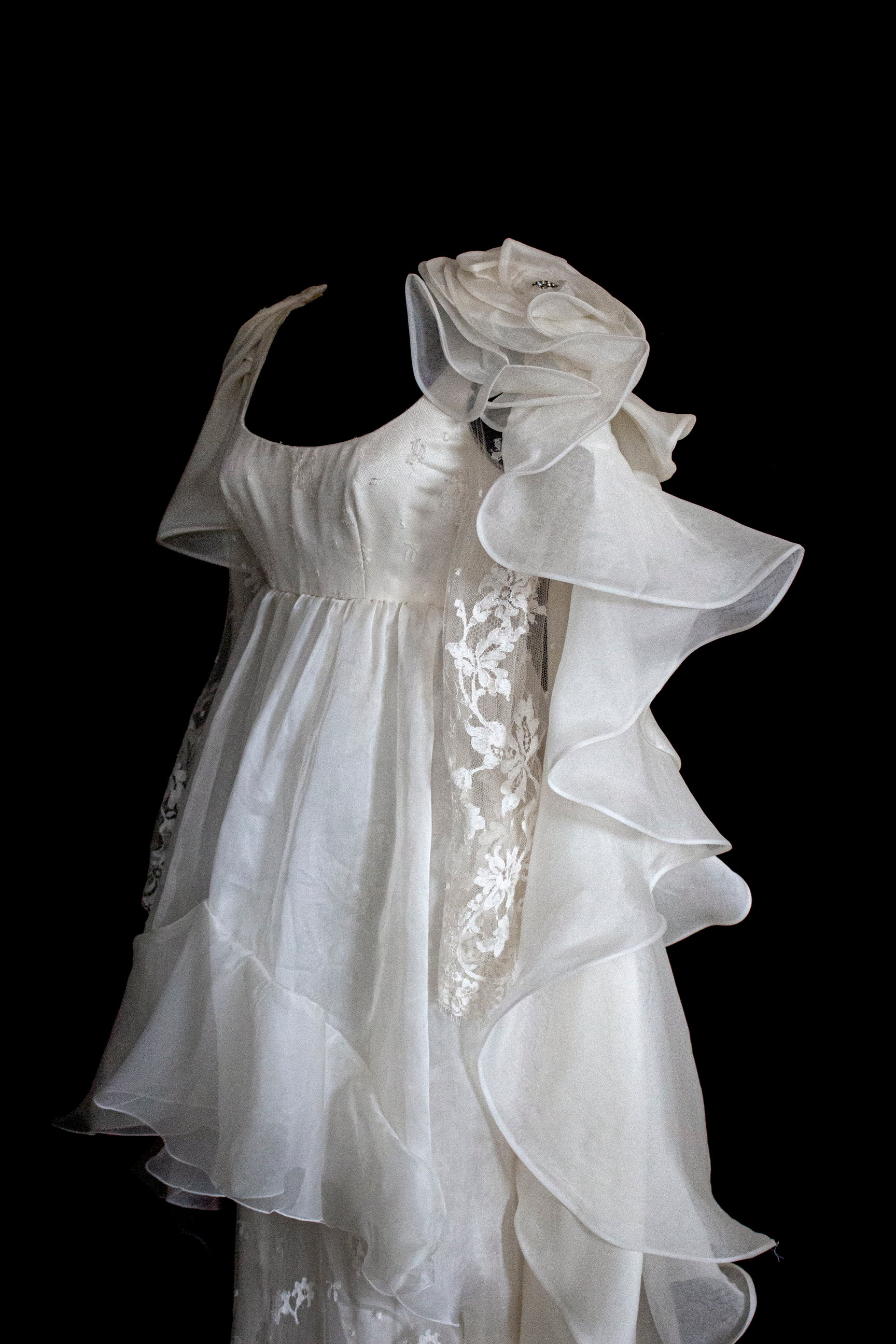 340 - OFF-WHITE SILK ORGANZA & ECRU LACE UPCYCLED WEDDING DRESS: UNIQUE EMPIRE GOWN WITH PLEATED WINGS