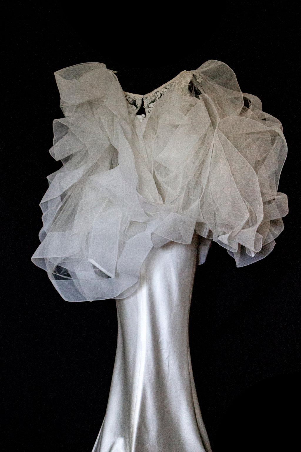 360 - VINTAGE SLIP STYLE WEDDING DRESS: CREAM FLUID SATIN GOWN WITH EMBROIDERED TULLE CAPE