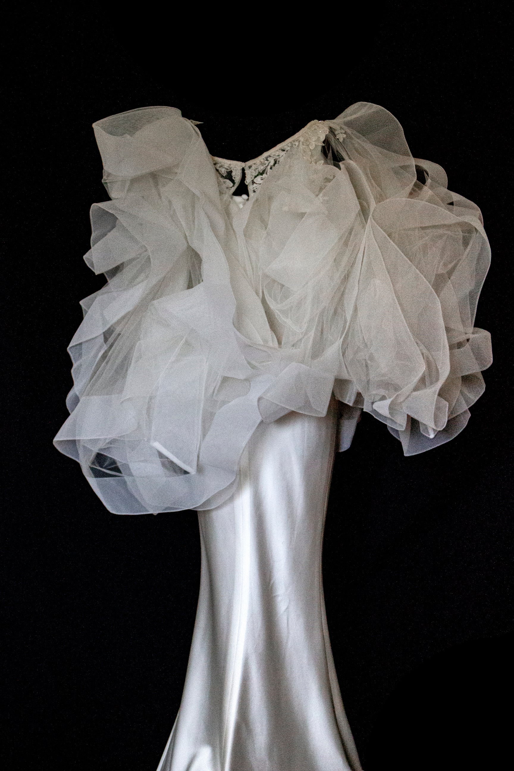 360 - VINTAGE SLIP STYLE WEDDING DRESS: CREAM FLUID SATIN GOWN WITH EMBROIDERED TULLE CAPE