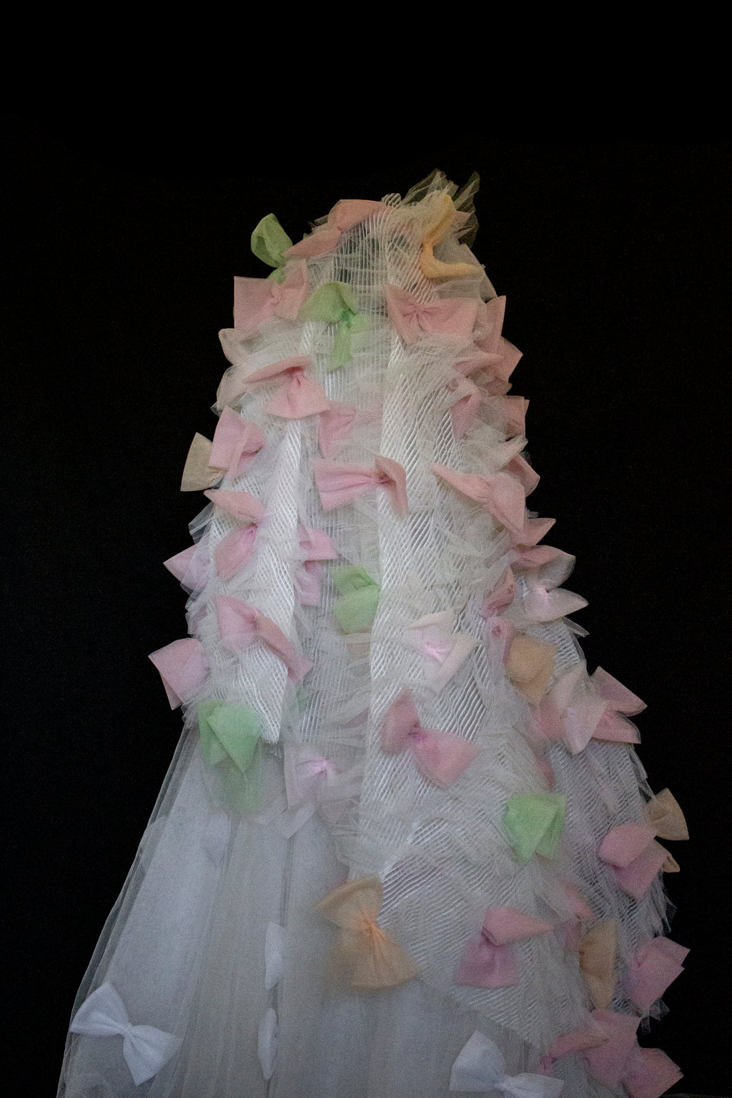 363 - VINTAGE 90s UPCYCLED TULLE 3-PIECE WEDDING DRESS: EMBROIDERED GOWN WITH HANDMADE BOWS AND CAPE