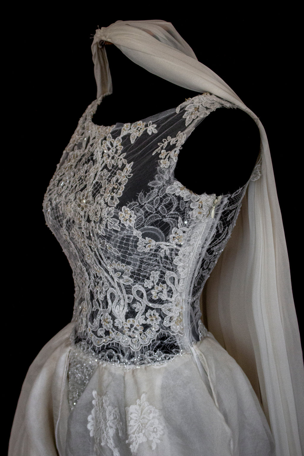 331 - ONE OF A KIND UPCYCLED VINTAGE BRIDAL GOWN: ASYMMETRIC LAYERED SILK CLOUD SKIRT & EMBROIDERED LACE - Vague atelier