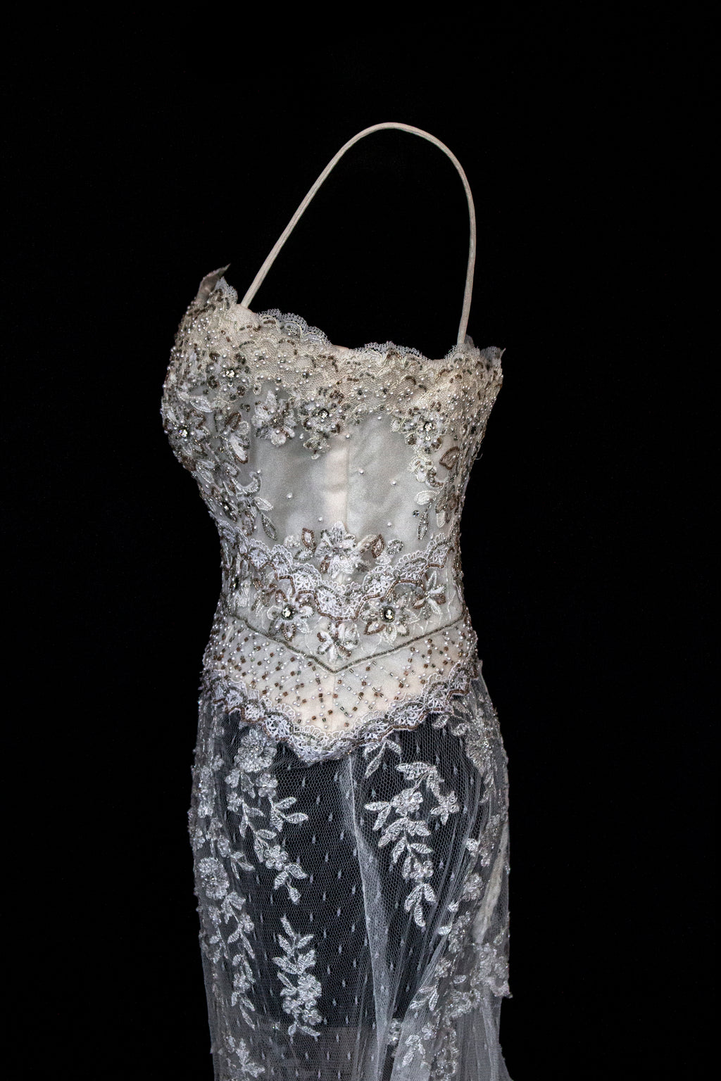 239 - VINTAGE OFF-WHITE MERMAID SWAROVSKI WEDDING DRESS: GOWN WITH NUDE POLKA DOT TULLE & SILVER FLORAL EMBROIDERY