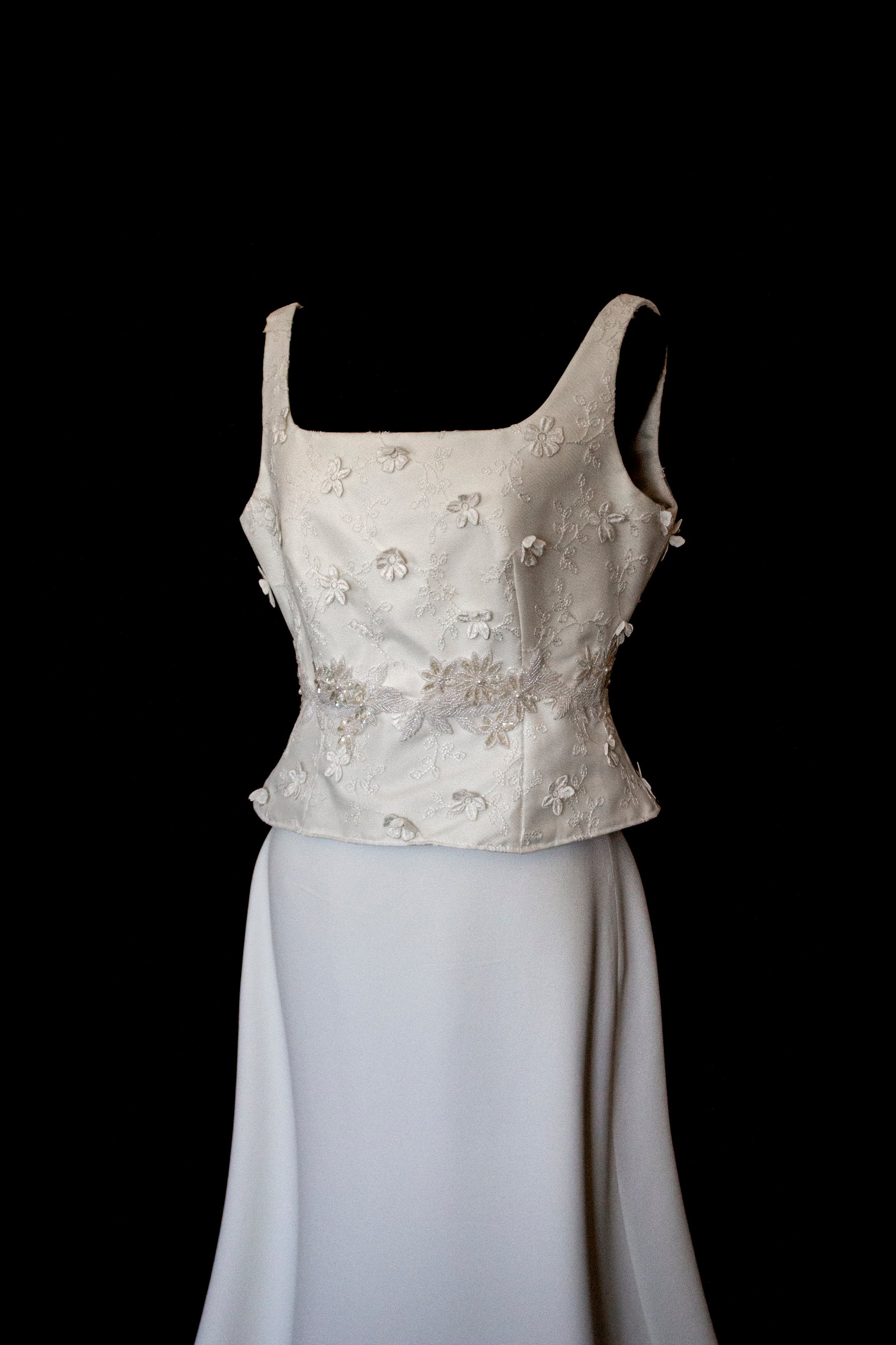 293 - UNIQUE UPCYCLED 3-PIECE BRIDAL SET: 3D FLORAL TOP, MIKADO SKIRT & BRIDAL VEST