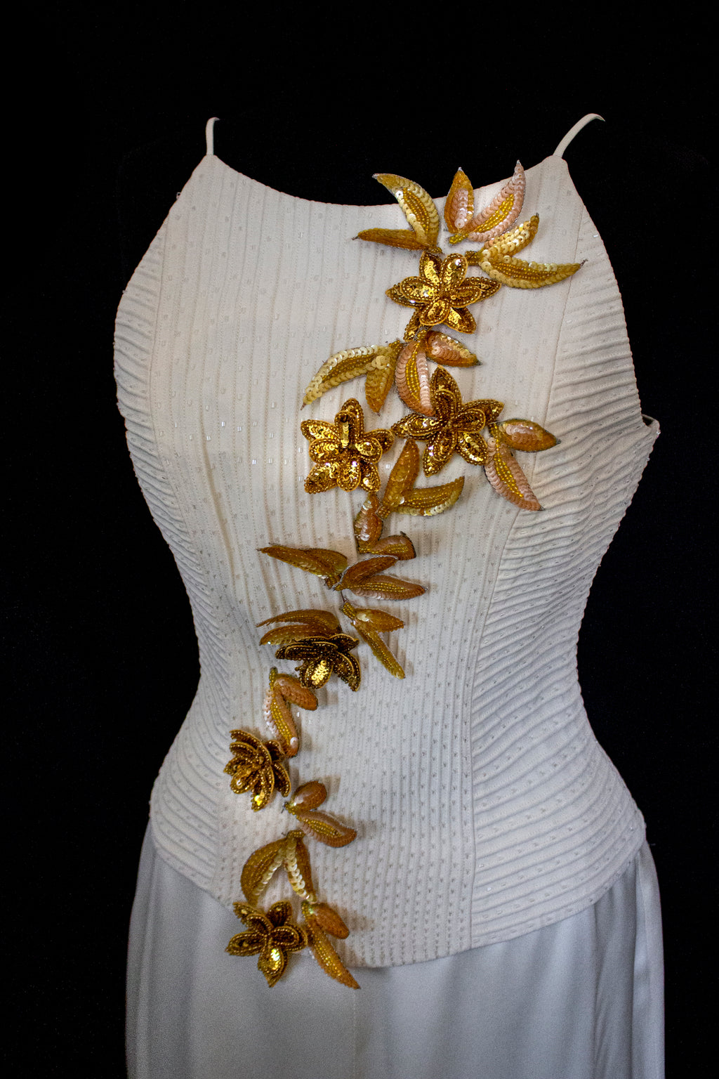 300 - SOPHISTICATED PURE SILK VINTAGE BRIDAL SET: HALTER TOP WITH ANTIQUE GOLD SEQUIN FLOWERS & MATCHING VEIL - Vague atelier