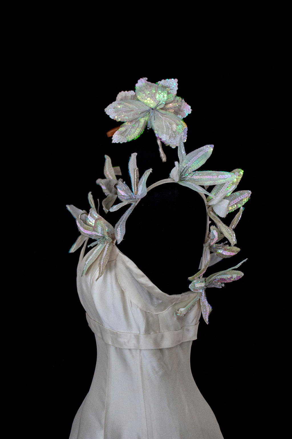 262 - RARE VINTAGE CHAMPAGNE BRIDAL GOWN: SILK MIKADO WITH AUTHENTIC 80S SEQUIN MAXI FLOWERS