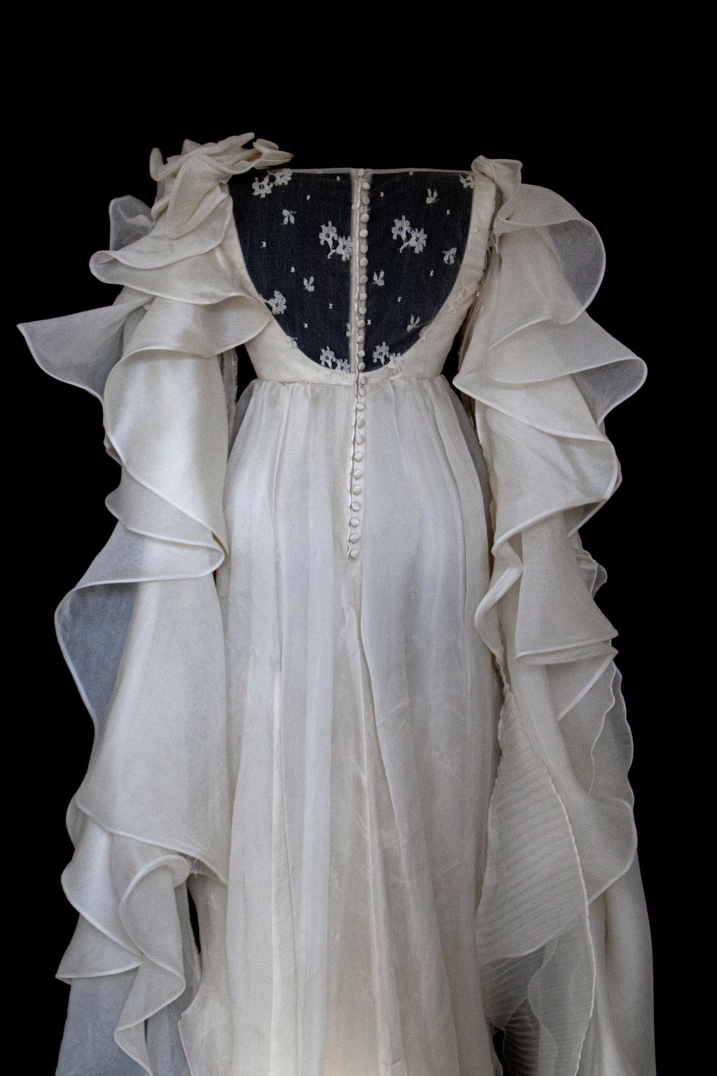 340 - OFF-WHITE SILK ORGANZA & ECRU LACE UPCYCLED WEDDING DRESS: UNIQUE EMPIRE GOWN WITH PLEATED WINGS