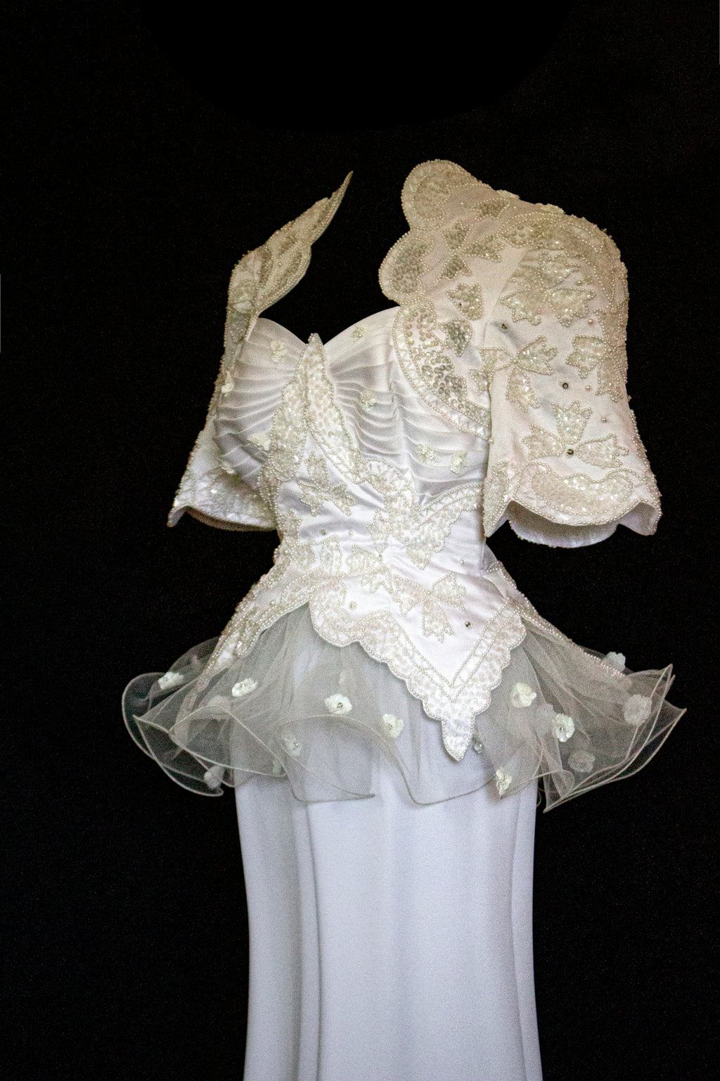 Vintage 80s Sheath Wedding Dress | Hand Embroidered Bridal Gown with Slit - 366
