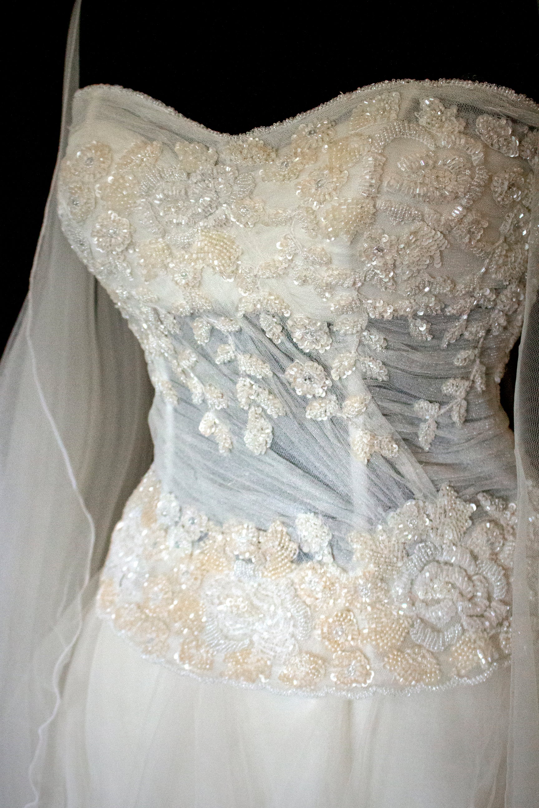 361 - VINTAGE PRINCESS WEDDING DRESS: ECRU SILK TULLE GOWN WITH EMBROIDERED STRAPLESS BODICE