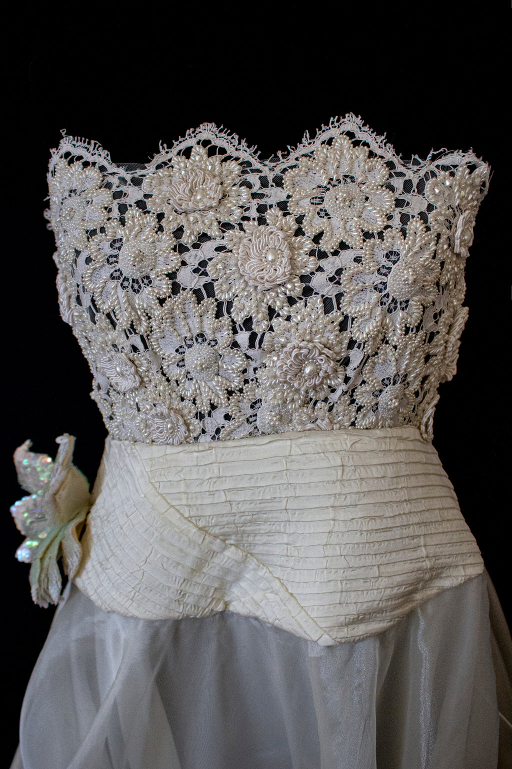 352 - UNIQUE 80S VINTAGE UPCYCLED WEDDING DRESS: EMPIRE WAIST SILK BRIDAL GOWN WITH IRIDESCENT ORGANZA & SEQUIN MAXI FLOWERS - Vague atelier