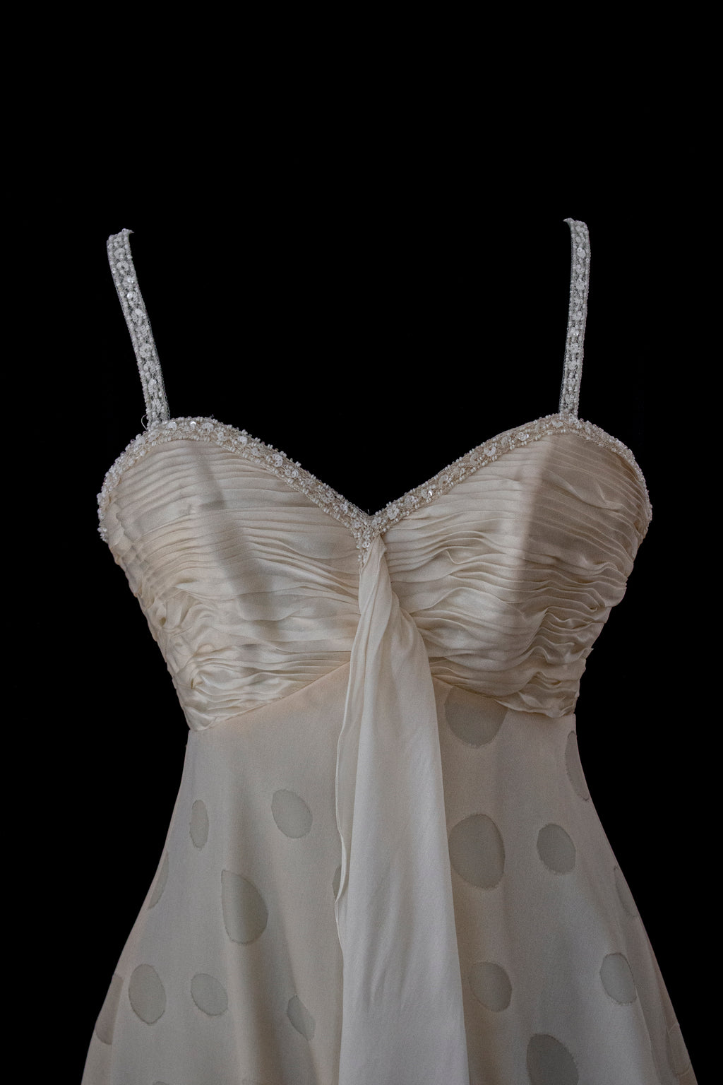 338 - IVORY CHAMPAGNE SILK ORGANZA WEDDING DRESS: POLKA / POIS DOT EMPIRE GOWN WITH BEADED STRAPS & FULL CIRCLE TRAIN - Vague atelier