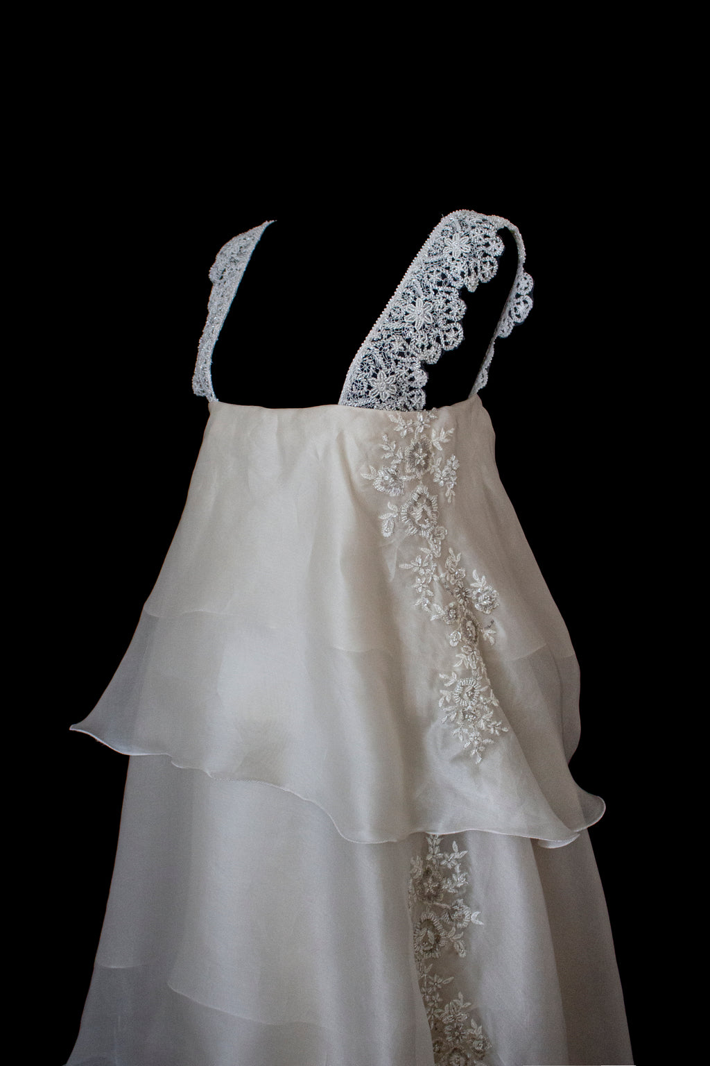344 - UNIQUE UPCYCLED SILK ORGANZA WEDDING DRESS: PEARL GREY & BRONZE RUFFLED GOWN, SILVER EMBROIDERY, LUXURY SUSTAINABLE BRIDAL DRESS - Vague atelier